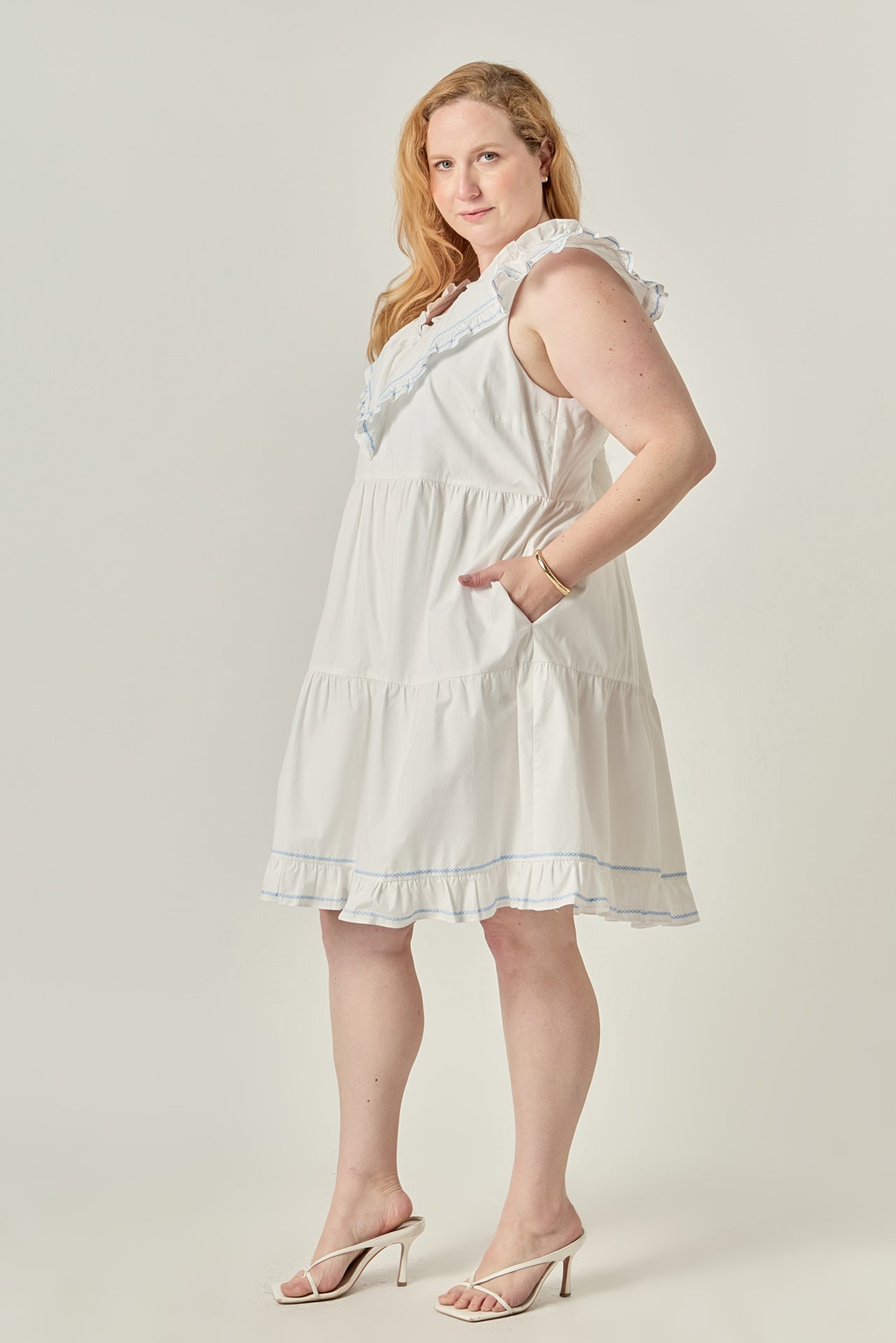 ENGLISH FACTORY - Plus Size Contrast Embroidery Ruffled Mini Dress - DRESSES available at Objectrare