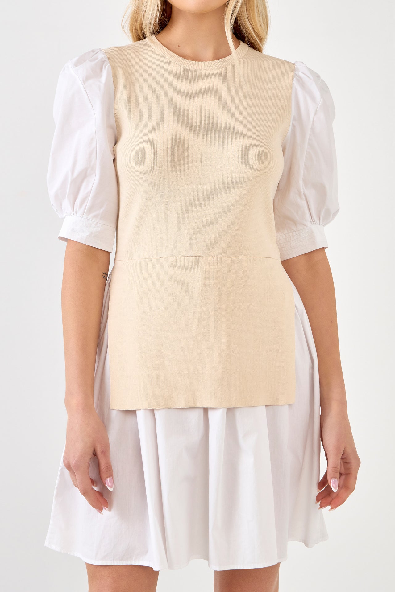 ENGLISH FACTORY - Mixed Media Puff Sleeve Mini Dress - DRESSES available at Objectrare