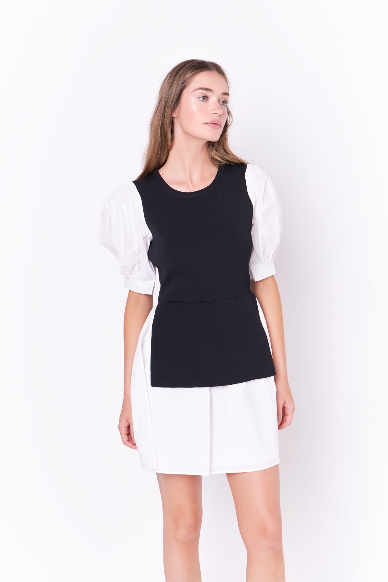ENGLISH FACTORY - Mixed Media Puff Sleeve Mini Dress - DRESSES available at Objectrare