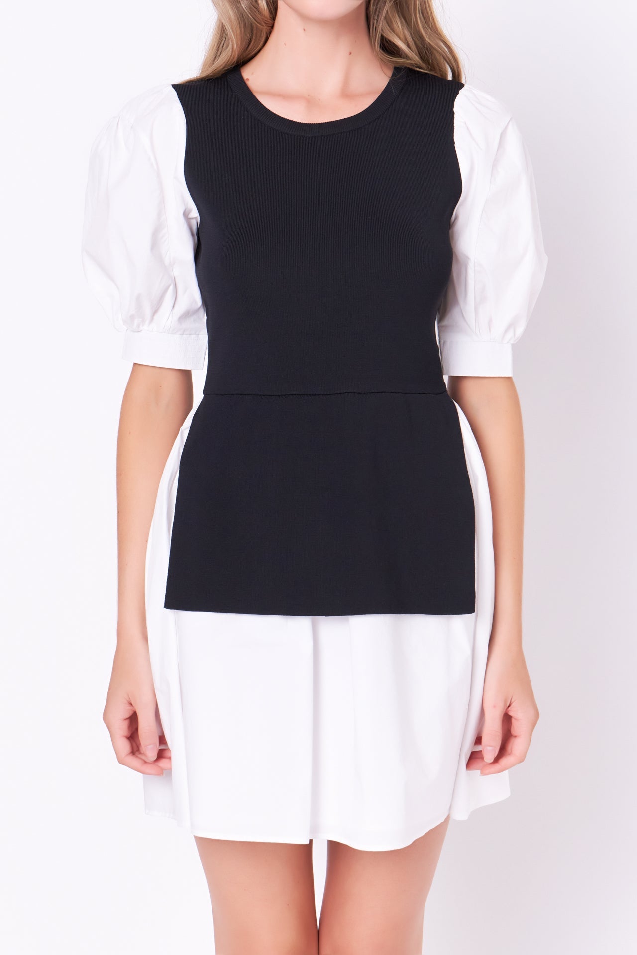 ENGLISH FACTORY - Mixed Media Puff Sleeve Mini Dress - DRESSES available at Objectrare