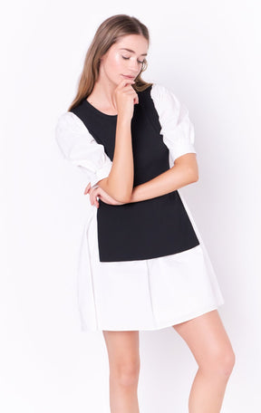ENGLISH FACTORY - Mixed Media Puff Sleeve Mini Dress - DRESSES available at Objectrare