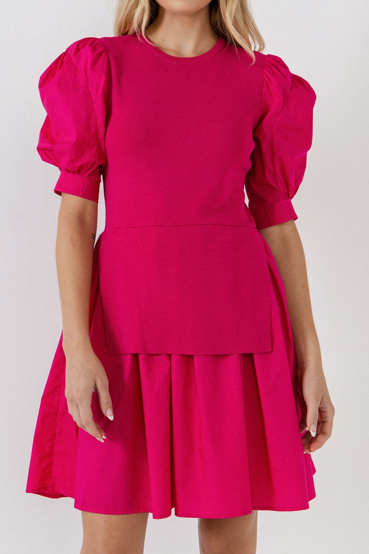 ENGLISH FACTORY - Mixed Media Puff Sleeve Mini Dress - DRESSES available at Objectrare
