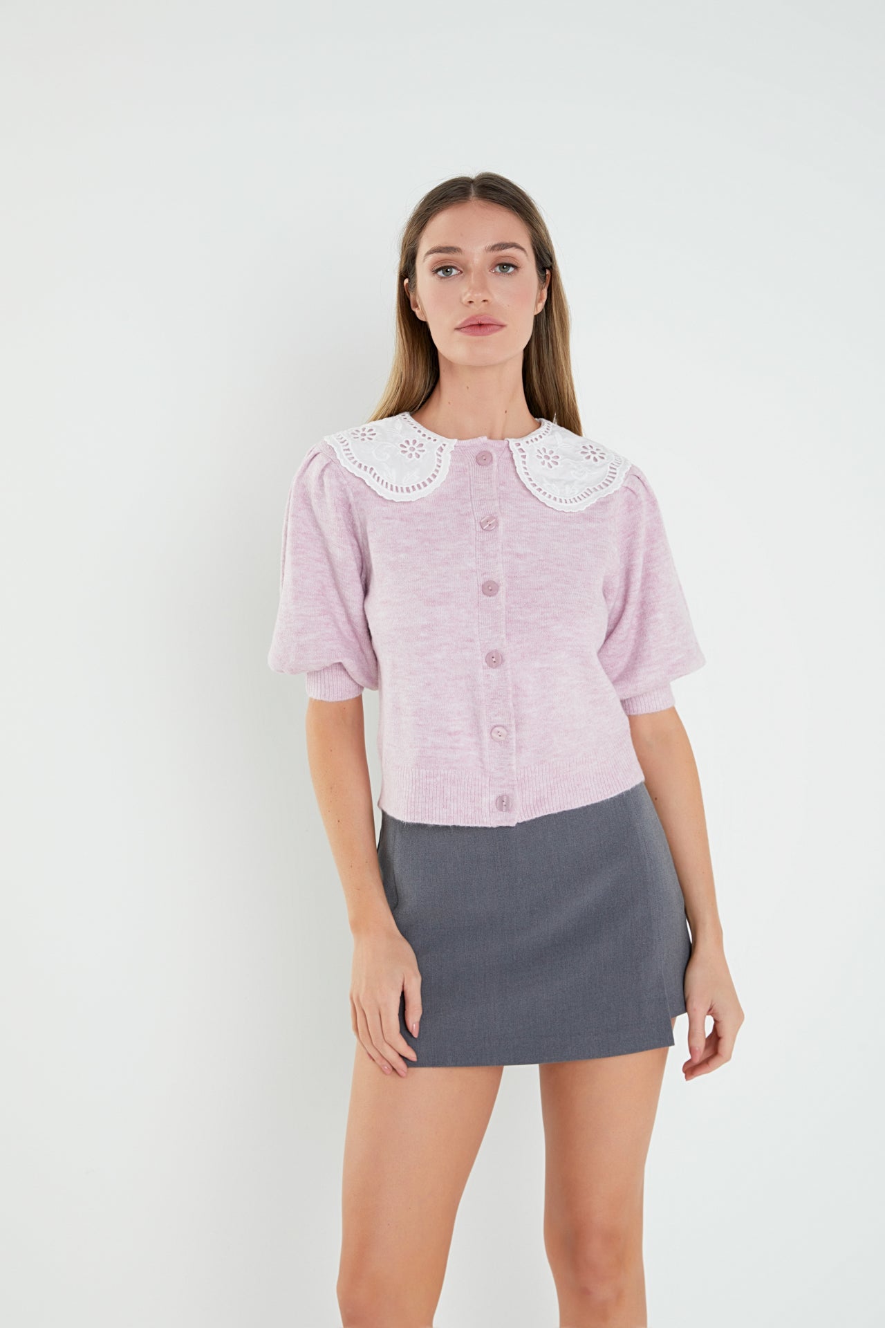 ENGLISH FACTORY - Collar Detail Short Puff Sleeve Cardigan - SWEATERS & KNITS available at Objectrare