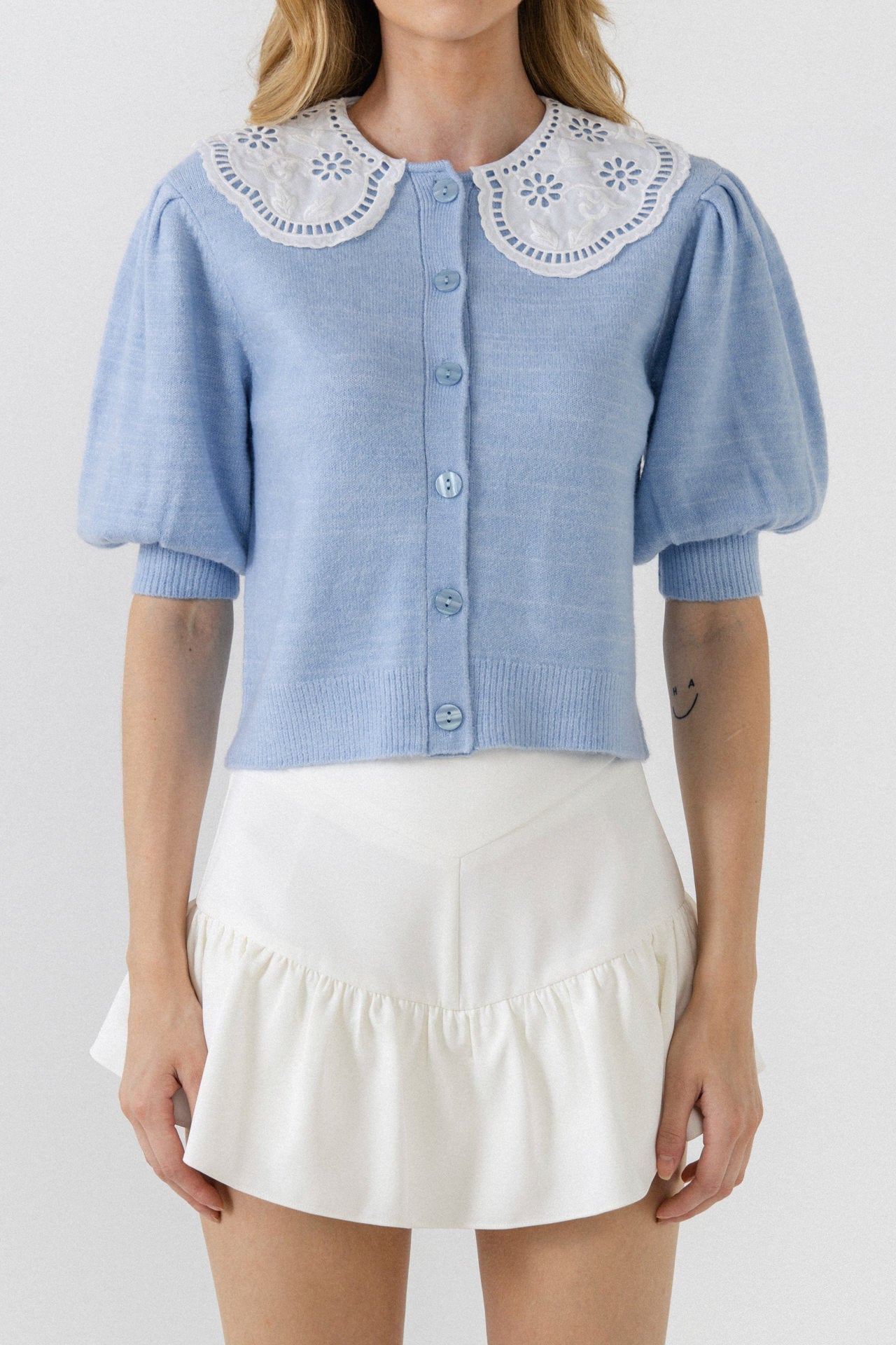 ENGLISH FACTORY - Collar Detail Short Puff Sleeve Cardigan - SWEATERS & KNITS available at Objectrare