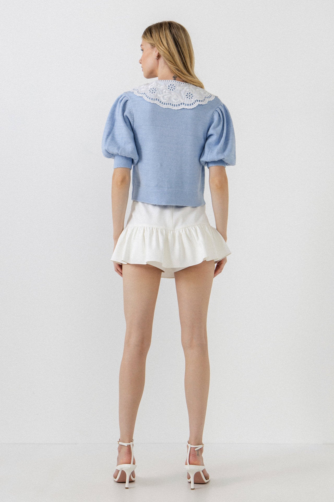 ENGLISH FACTORY - Collar Detail Short Puff Sleeve Cardigan - SWEATERS & KNITS available at Objectrare