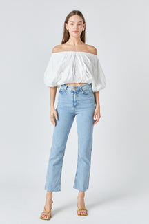 ENDLESS ROSE - Cropped V-neckline Puff Top - TOPS available at Objectrare