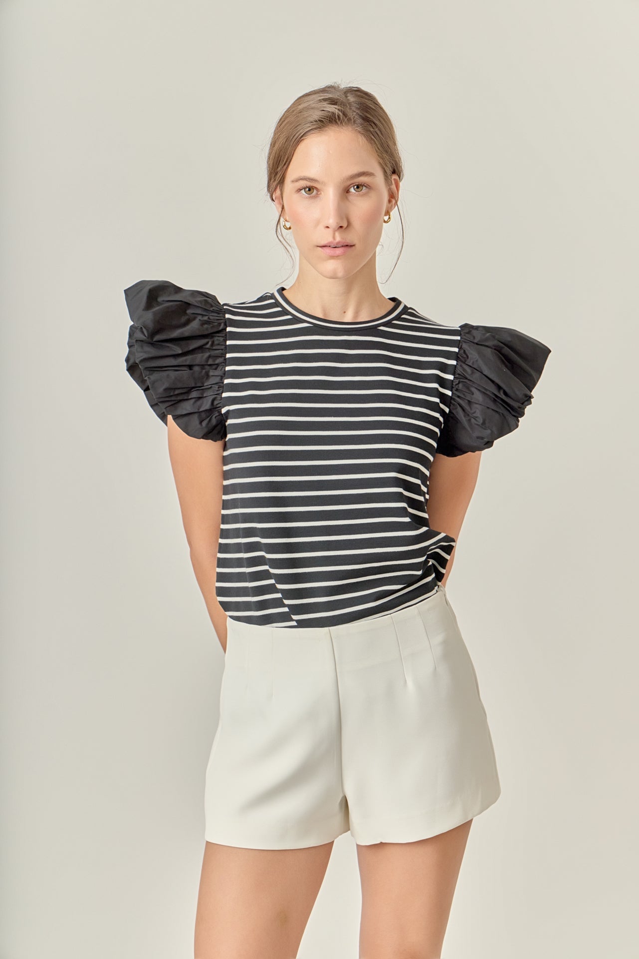 ENGLISH FACTORY - Stripe Knit with Poplin Puff Sleeve Top - TOPS available at Objectrare