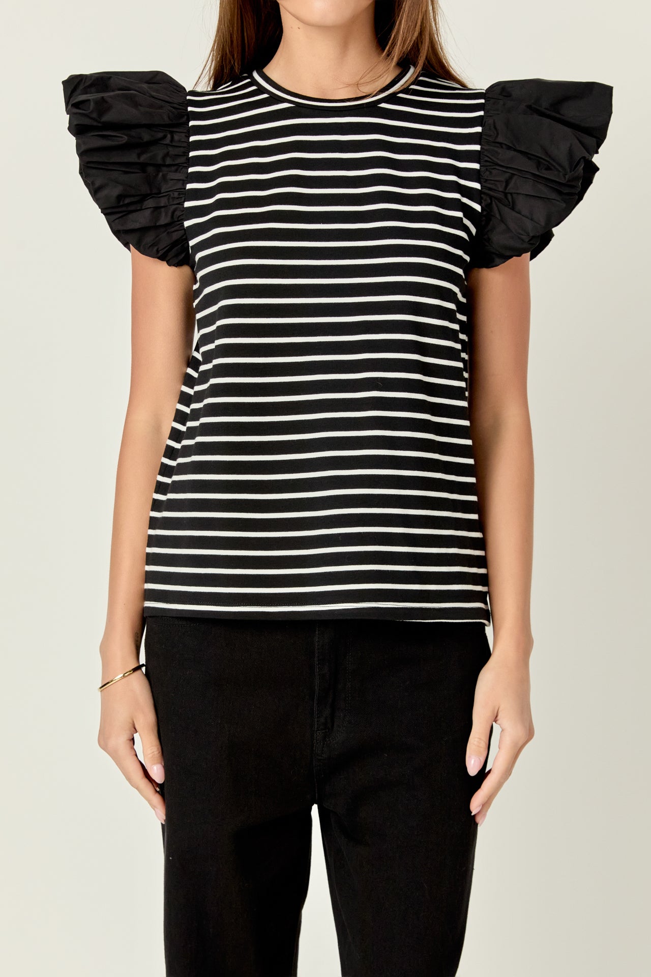 ENGLISH FACTORY - Striped Knit with Poplin Puff Sleeve Top - TOPS available at Objectrare