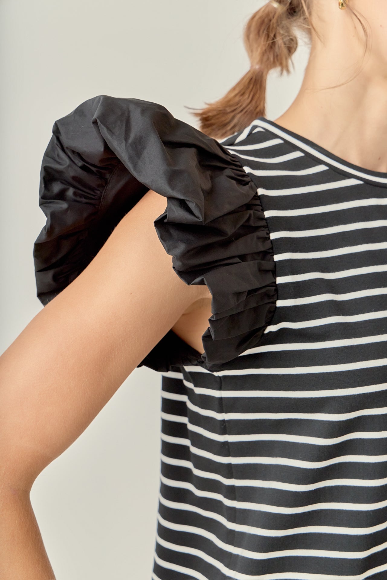 ENGLISH FACTORY - Stripe Knit with Poplin Puff Sleeve Top - TOPS available at Objectrare