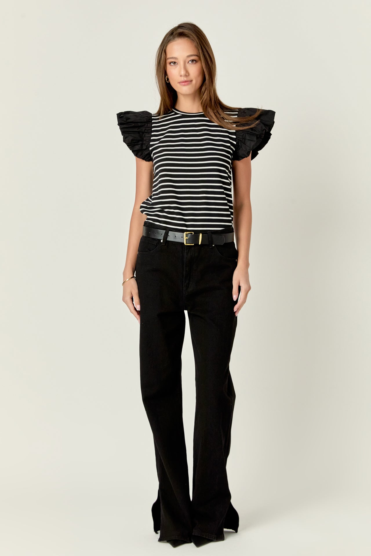 ENGLISH FACTORY - Striped Knit with Poplin Puff Sleeve Top - TOPS available at Objectrare