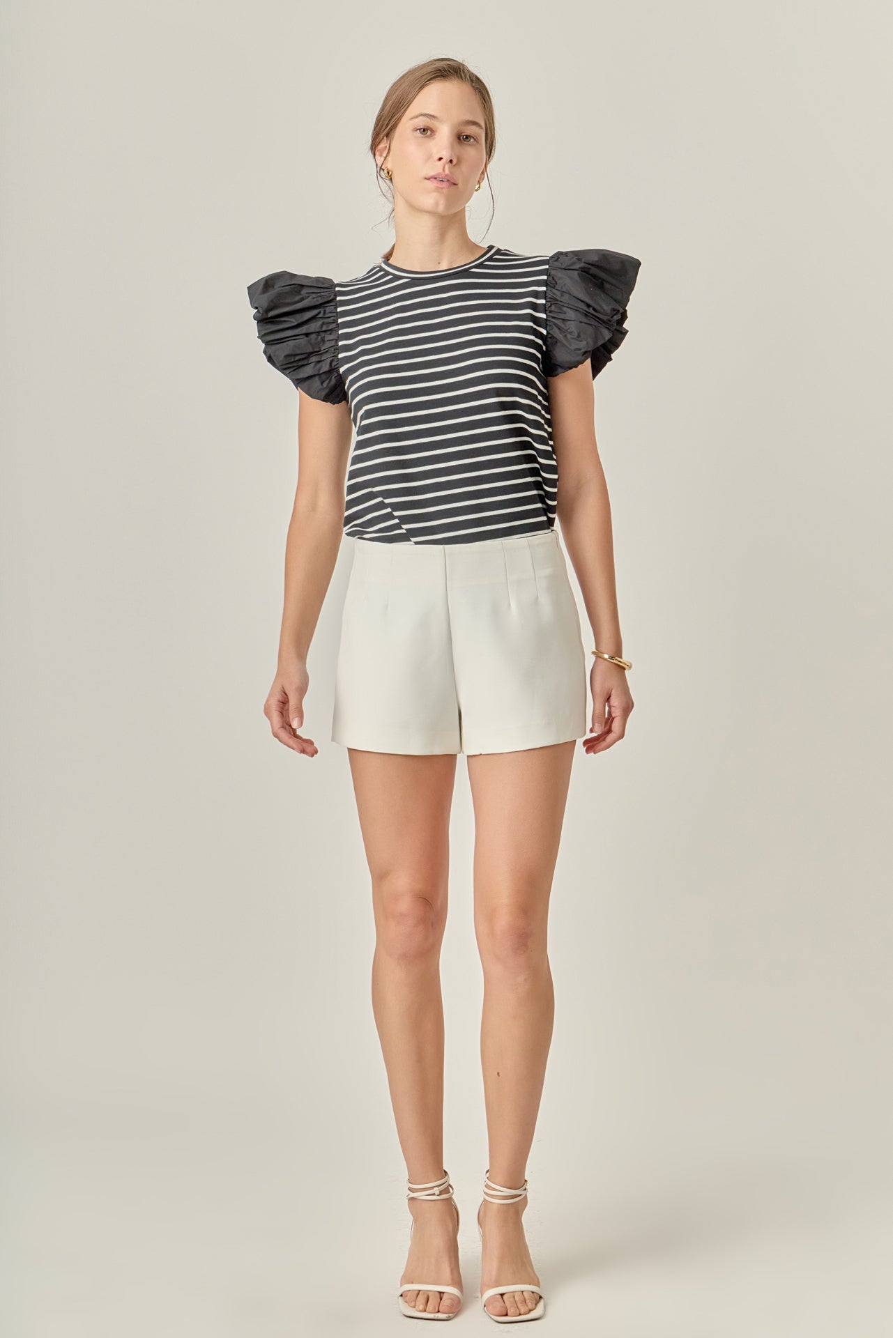 ENGLISH FACTORY - Stripe Knit with Poplin Puff Sleeve Top - TOPS available at Objectrare
