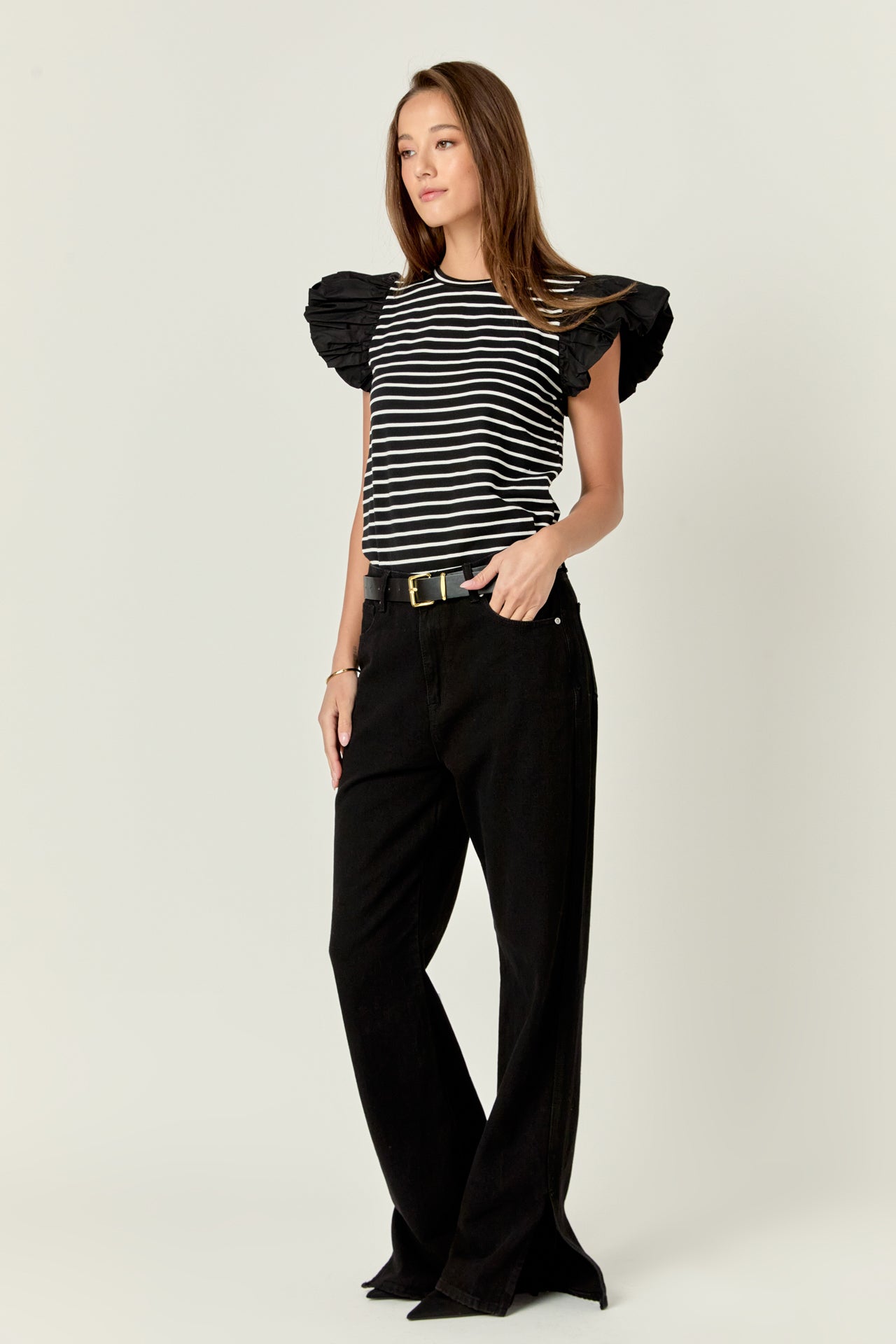 ENGLISH FACTORY - Striped Knit with Poplin Puff Sleeve Top - TOPS available at Objectrare