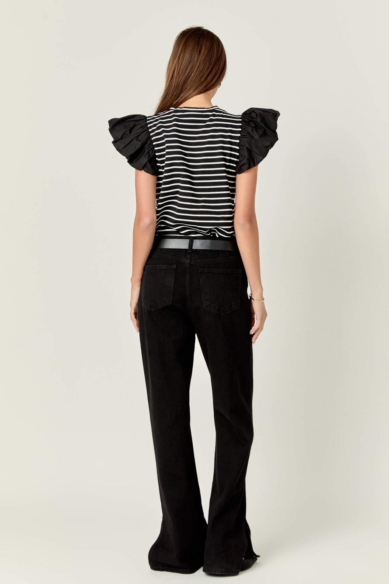 ENGLISH FACTORY - Striped Knit with Poplin Puff Sleeve Top - TOPS available at Objectrare