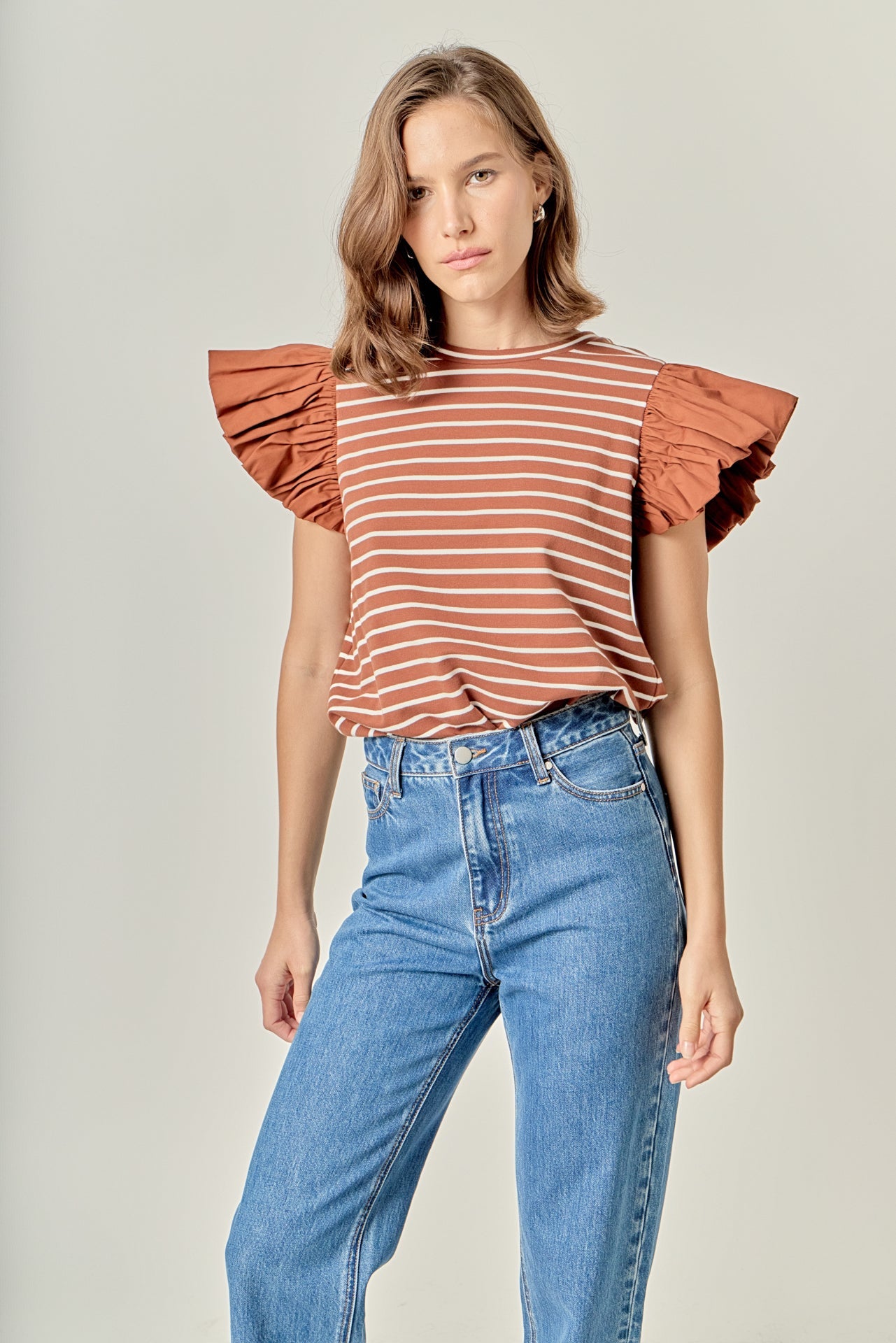 ENGLISH FACTORY - Stripe Knit with Poplin Puff Sleeve Top - TOPS available at Objectrare