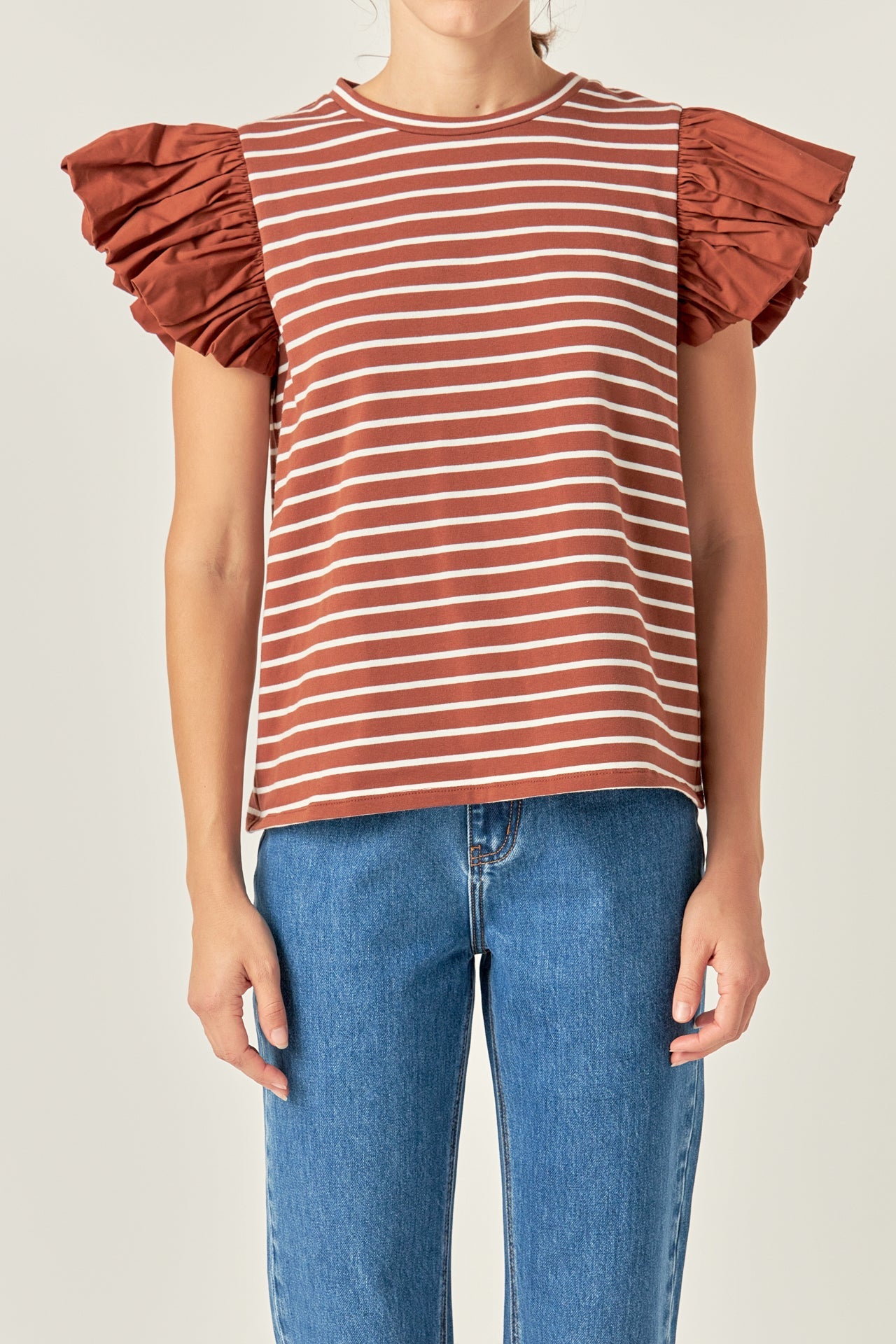 ENGLISH FACTORY - Striped Knit with Poplin Puff Sleeve Top - TOPS available at Objectrare