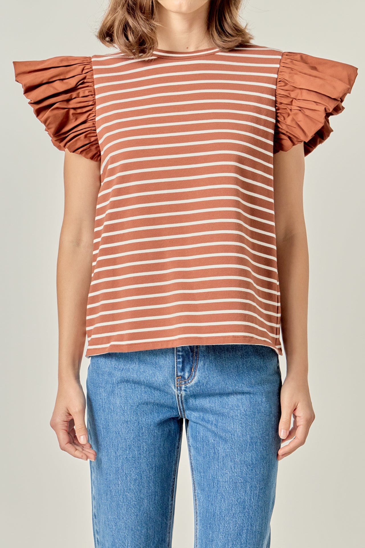 ENGLISH FACTORY - Stripe Knit with Poplin Puff Sleeve Top - TOPS available at Objectrare