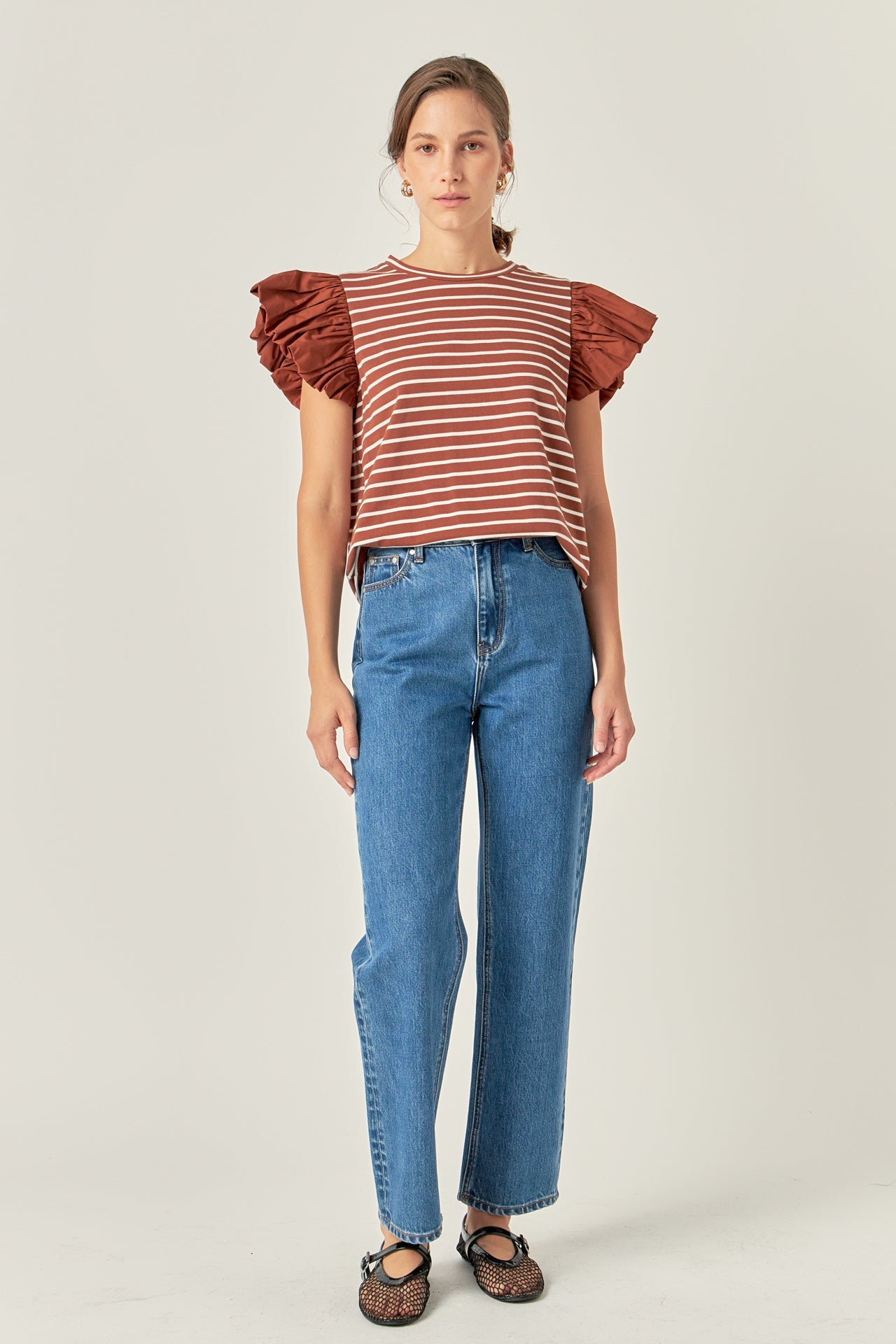ENGLISH FACTORY - Striped Knit with Poplin Puff Sleeve Top - TOPS available at Objectrare