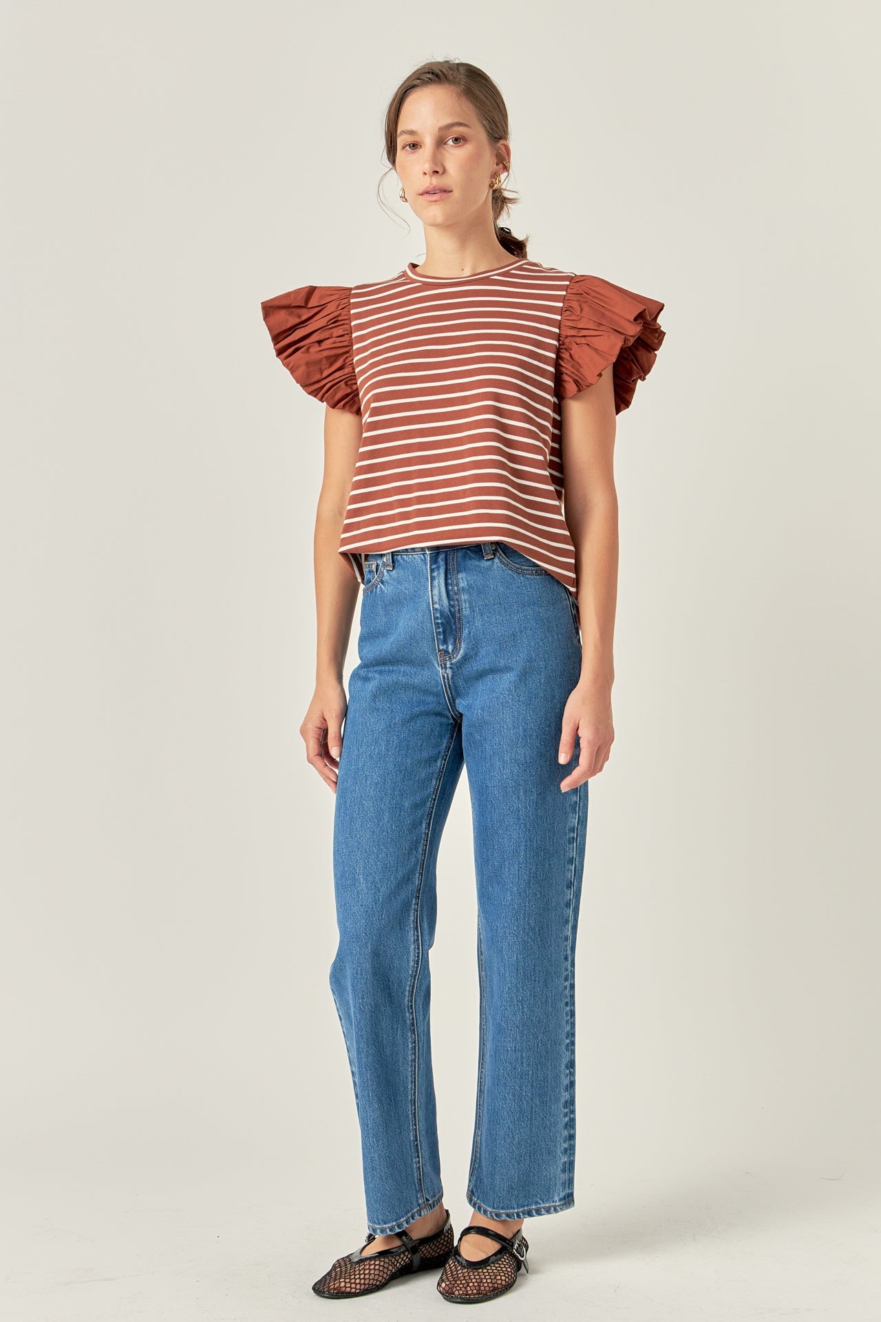 ENGLISH FACTORY - Striped Knit with Poplin Puff Sleeve Top - TOPS available at Objectrare