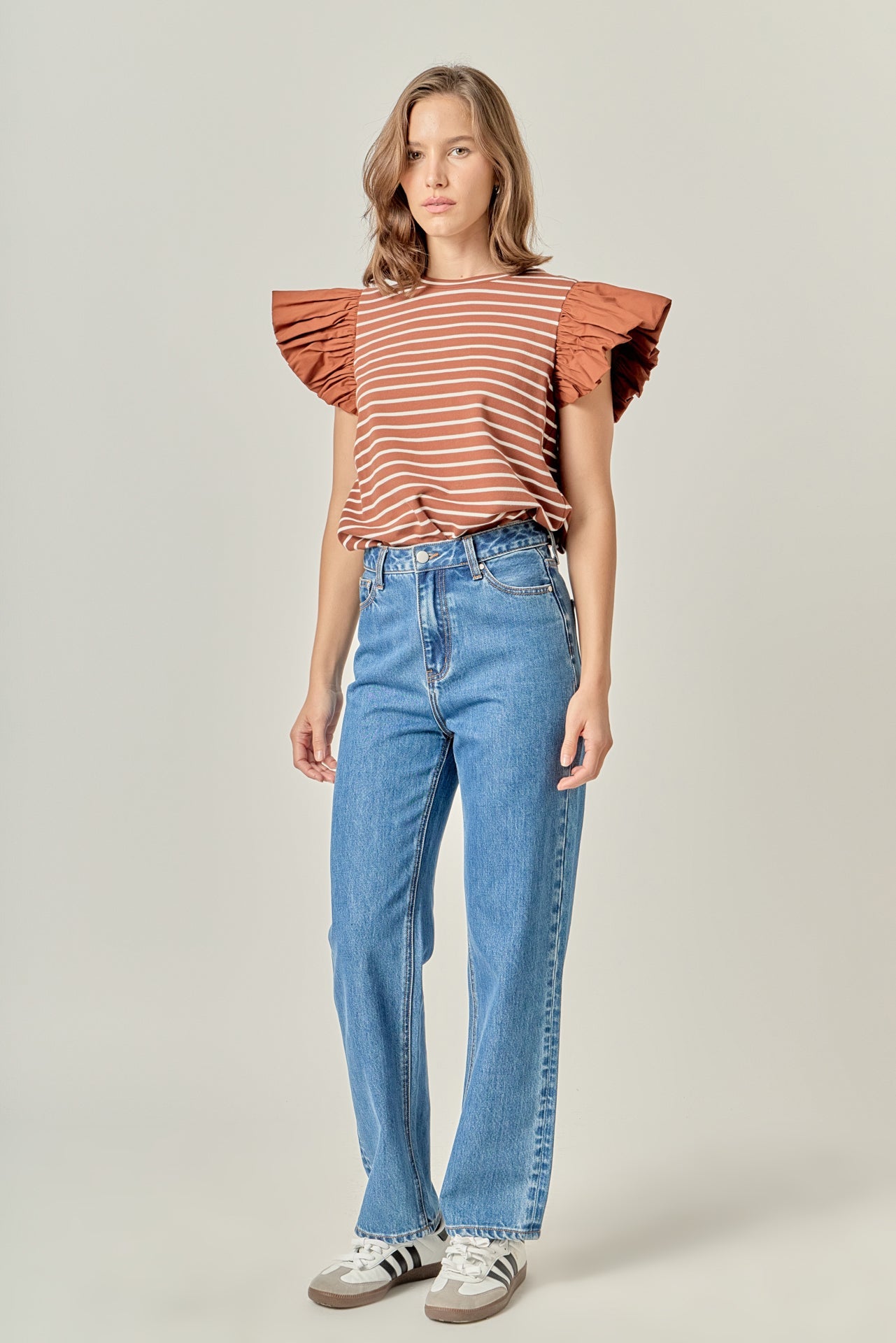 ENGLISH FACTORY - Stripe Knit with Poplin Puff Sleeve Top - TOPS available at Objectrare
