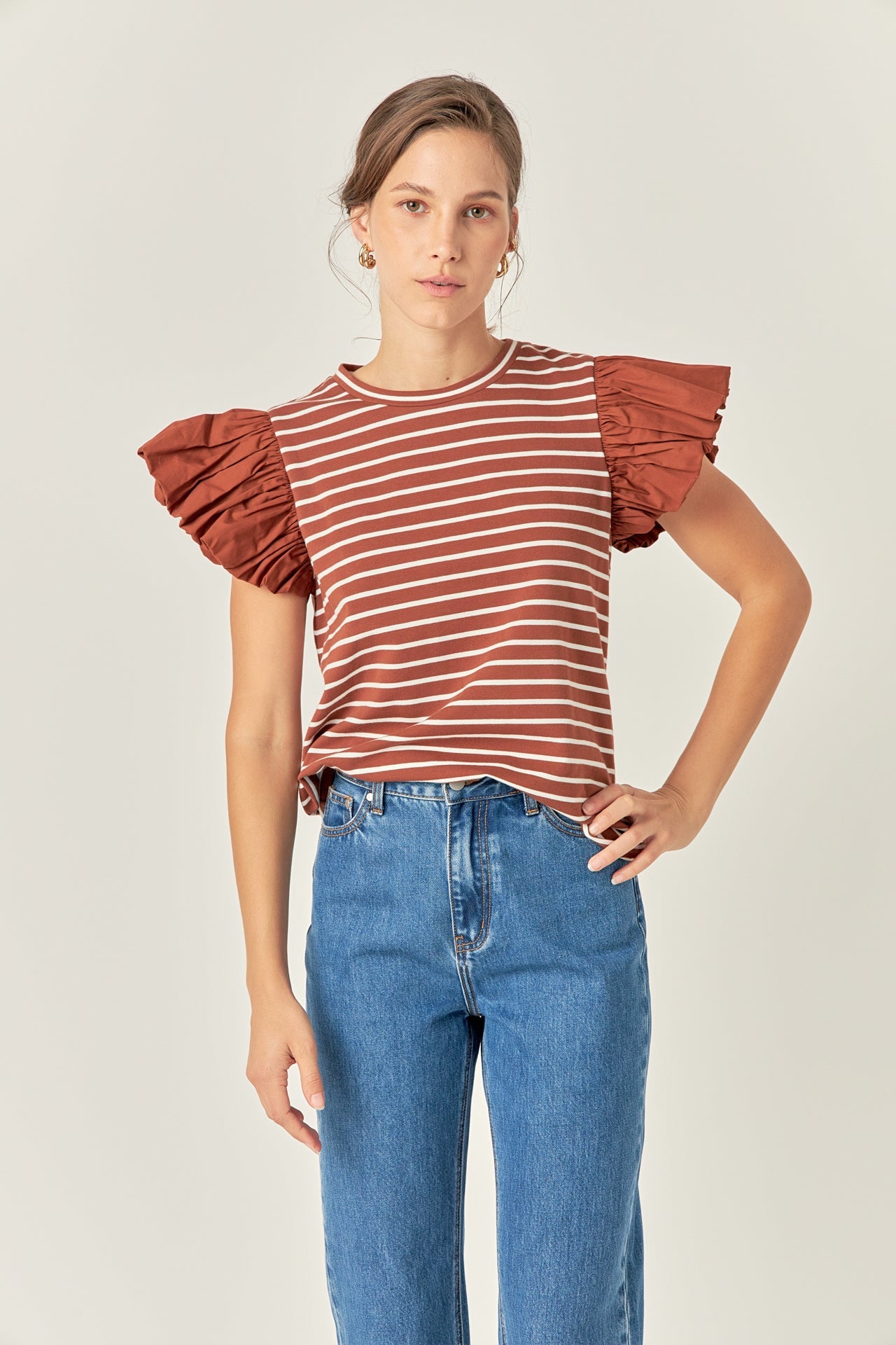 ENGLISH FACTORY - Striped Knit with Poplin Puff Sleeve Top - TOPS available at Objectrare