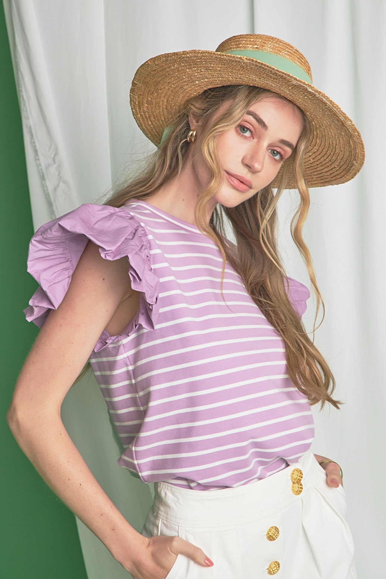 ENGLISH FACTORY - Striped Knit with Poplin Puff Sleeve Top - TOPS available at Objectrare