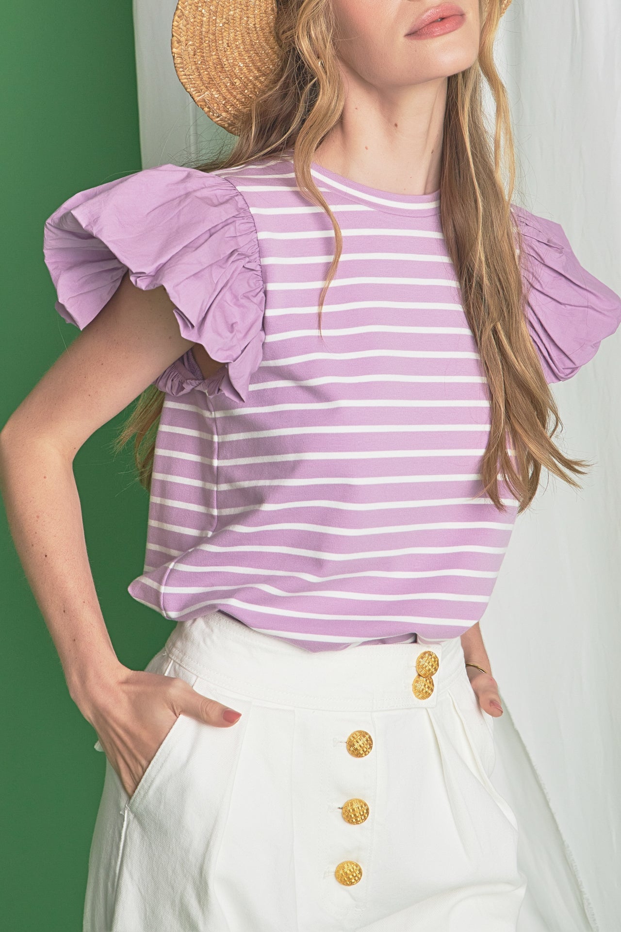 ENGLISH FACTORY - Striped Knit with Poplin Puff Sleeve Top - TOPS available at Objectrare