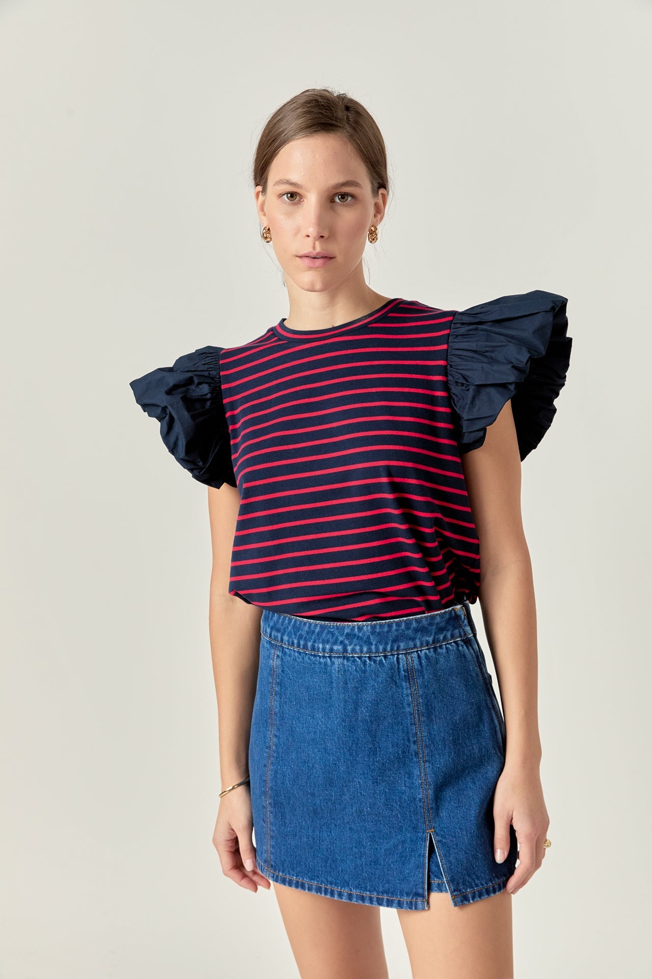 ENGLISH FACTORY - Striped Knit with Poplin Puff Sleeve Top - TOPS available at Objectrare