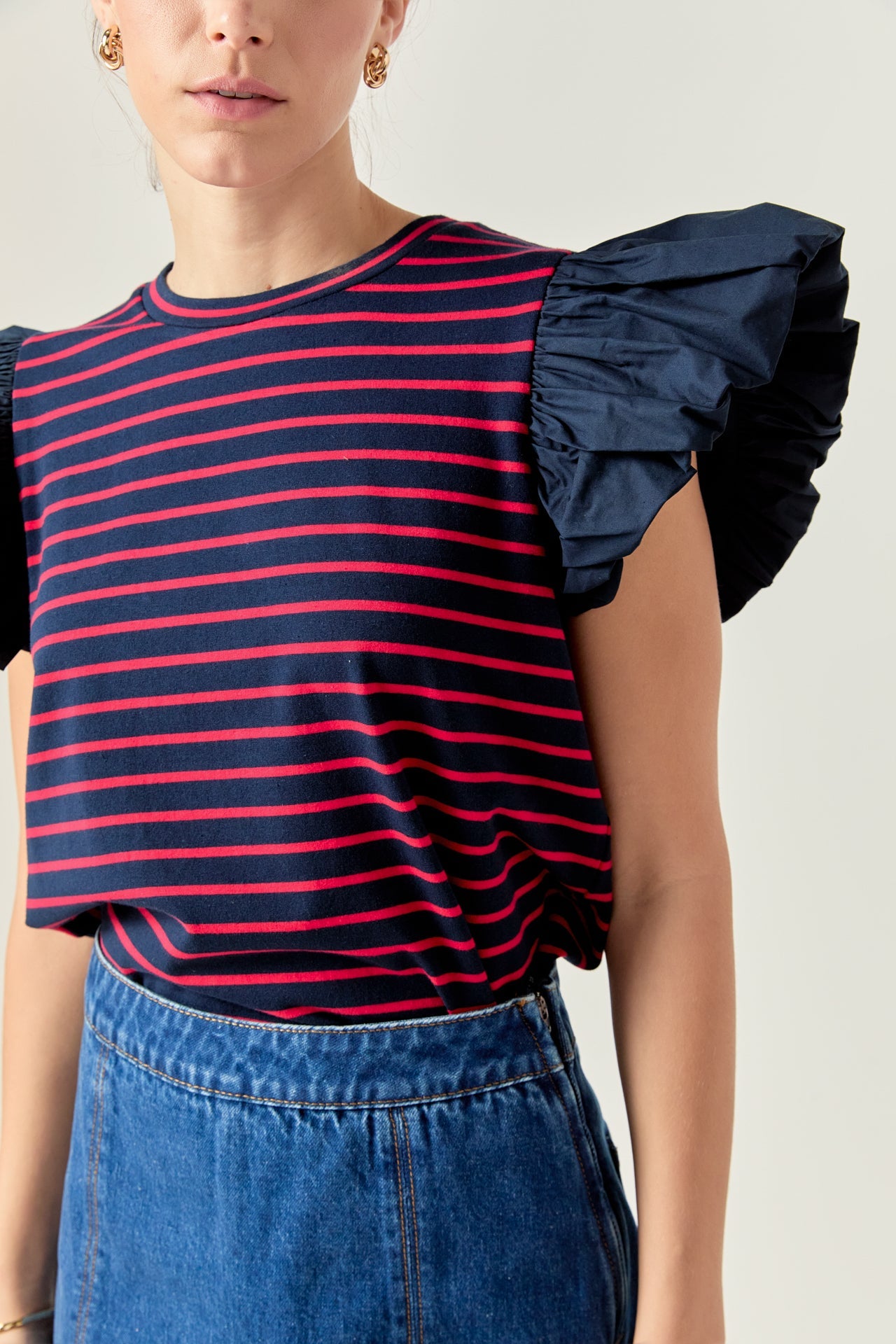ENGLISH FACTORY - Striped Knit with Poplin Puff Sleeve Top - TOPS available at Objectrare