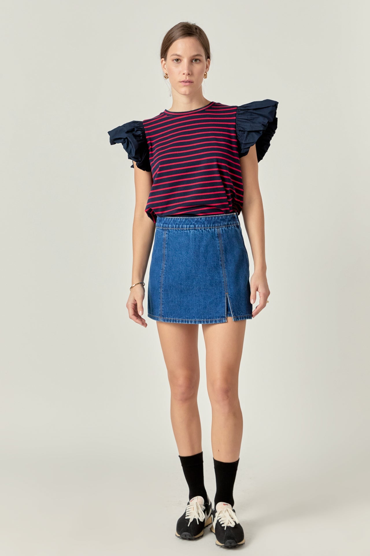 ENGLISH FACTORY - Striped Knit with Poplin Puff Sleeve Top - TOPS available at Objectrare