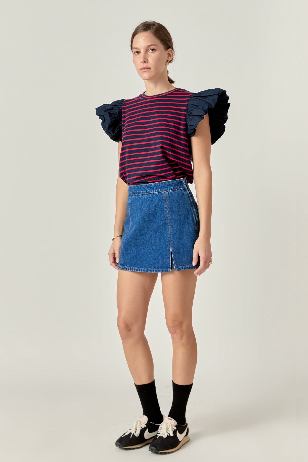 ENGLISH FACTORY - Striped Knit with Poplin Puff Sleeve Top - TOPS available at Objectrare