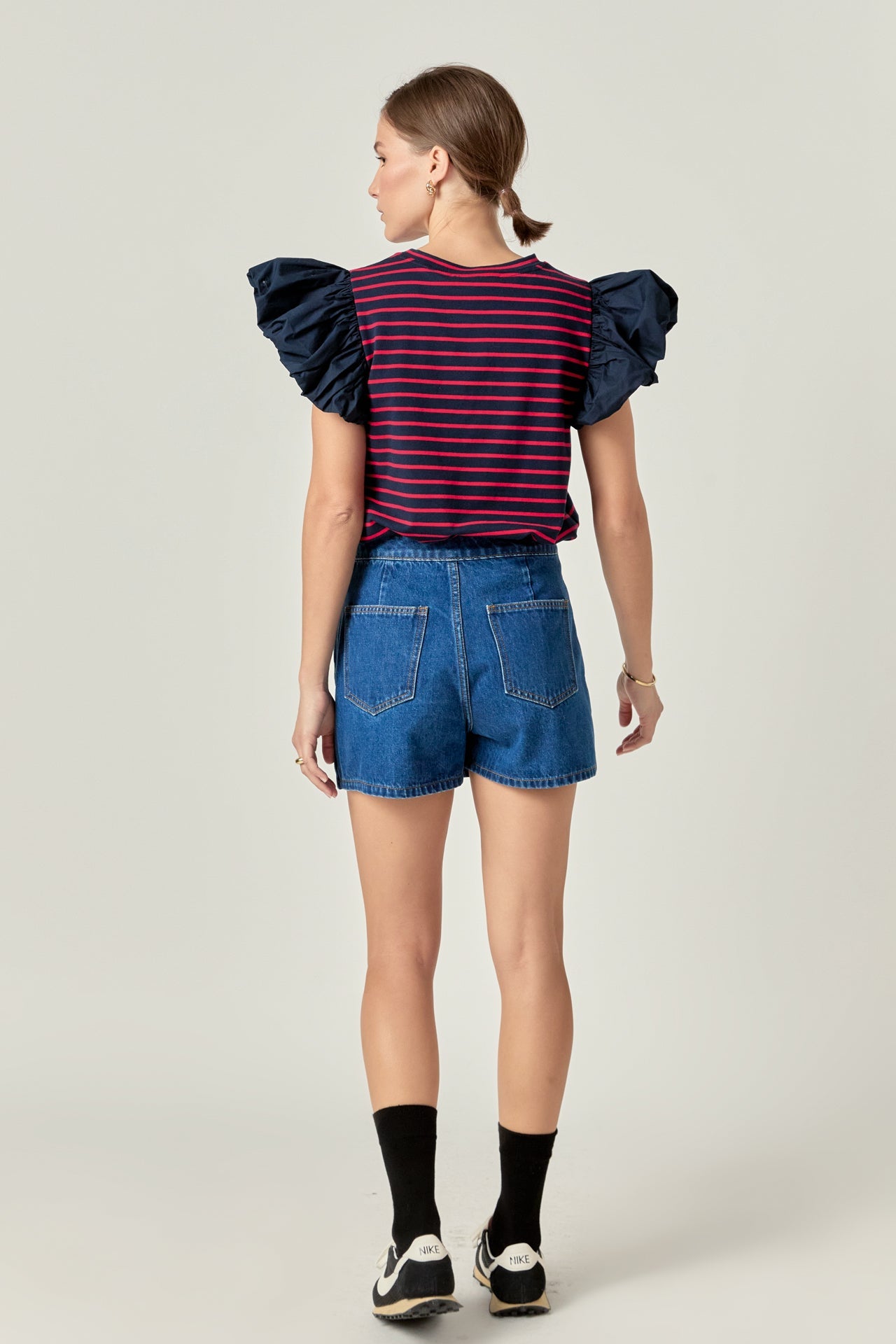 ENGLISH FACTORY - Striped Knit with Poplin Puff Sleeve Top - TOPS available at Objectrare
