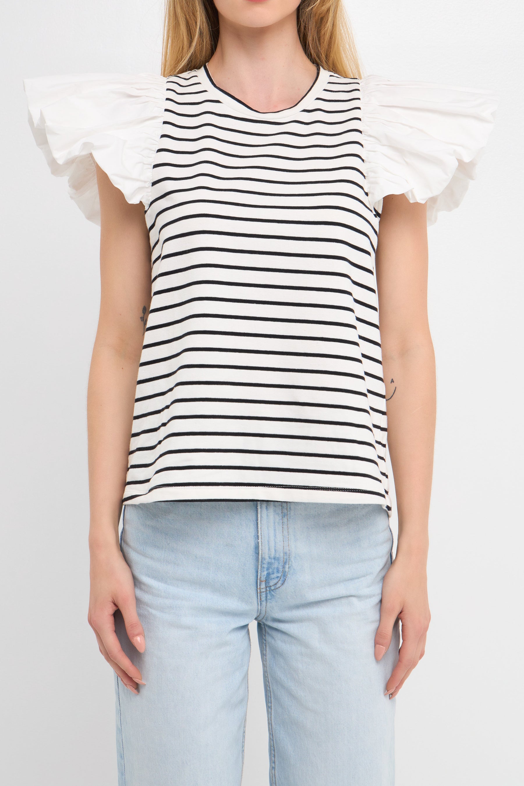ENGLISH FACTORY - Striped Knit with Poplin Puff Sleeve Top - TOPS available at Objectrare