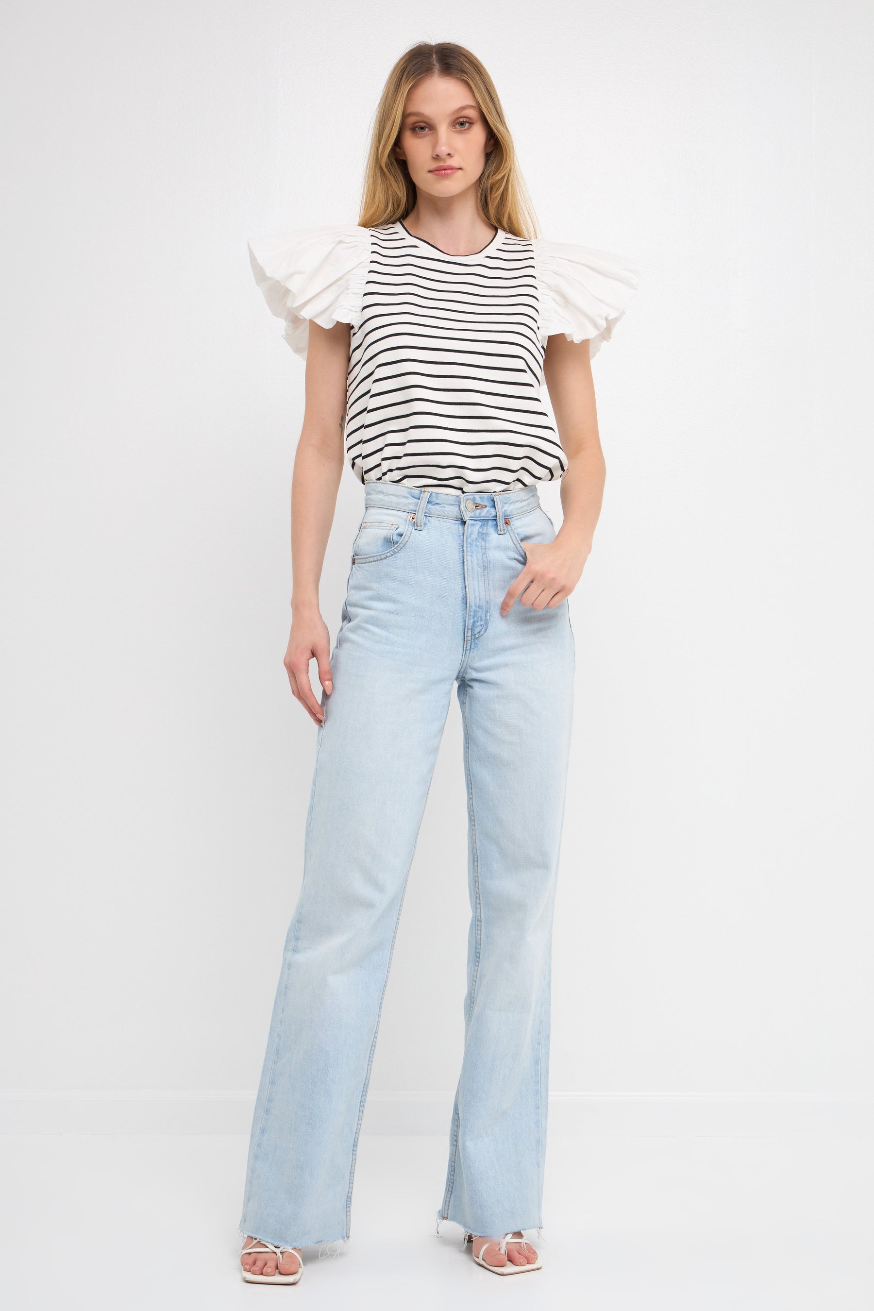 ENGLISH FACTORY - Striped Knit with Poplin Puff Sleeve Top - TOPS available at Objectrare