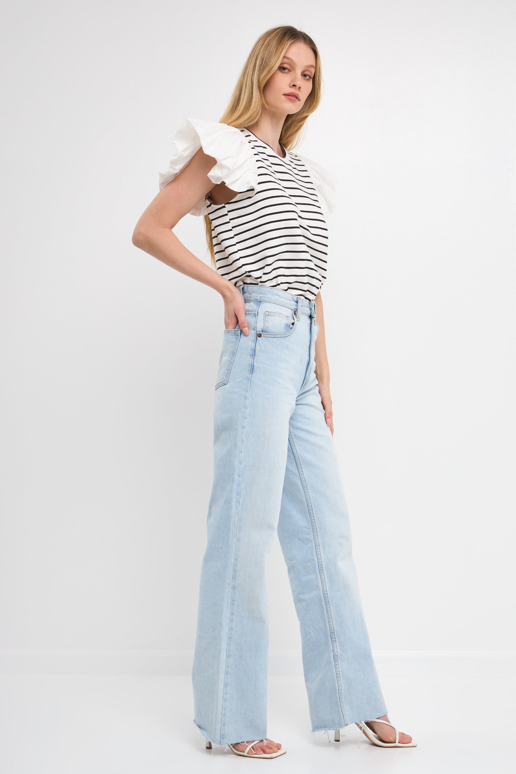 ENGLISH FACTORY - Striped Knit with Poplin Puff Sleeve Top - TOPS available at Objectrare