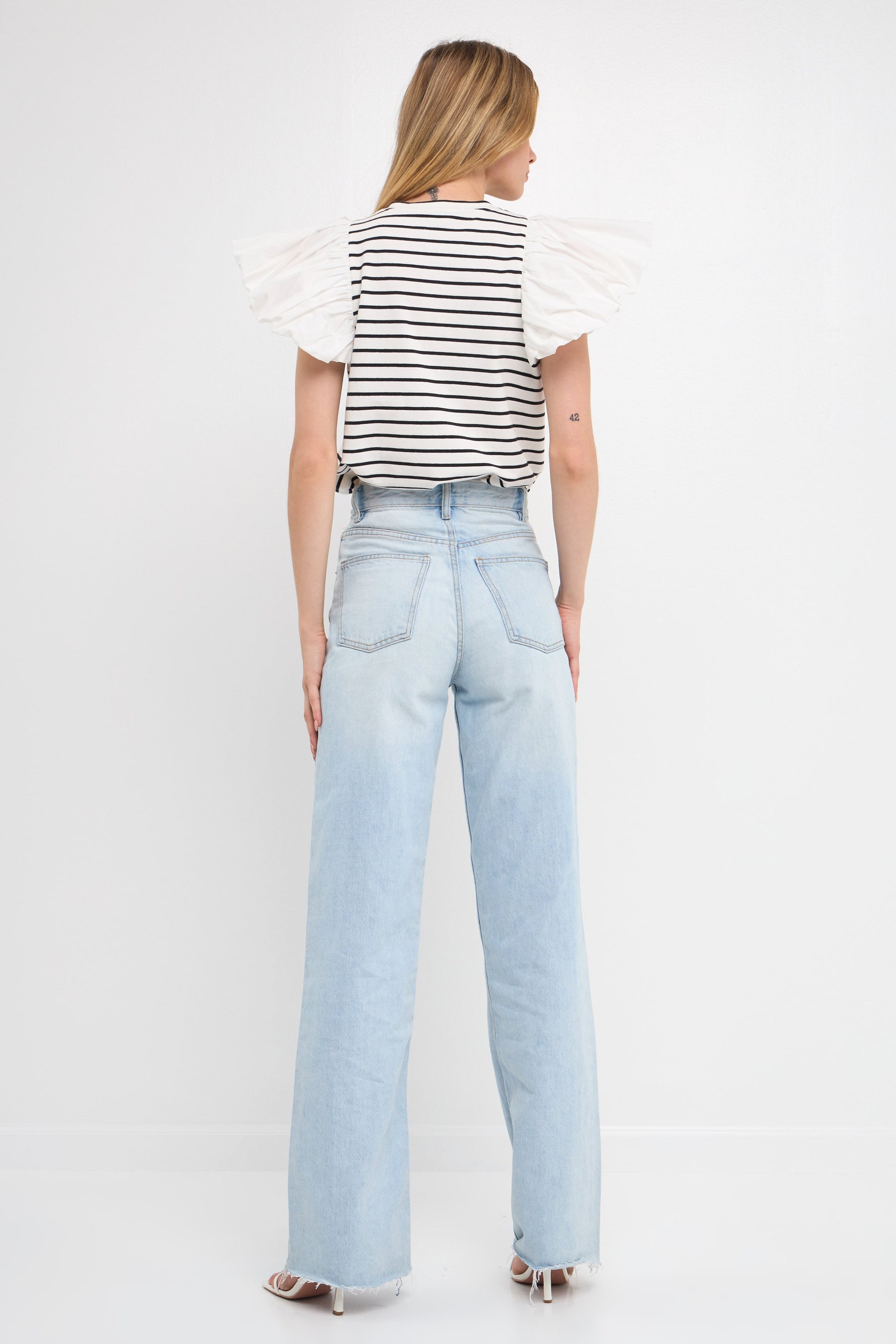 ENGLISH FACTORY - Striped Knit with Poplin Puff Sleeve Top - TOPS available at Objectrare