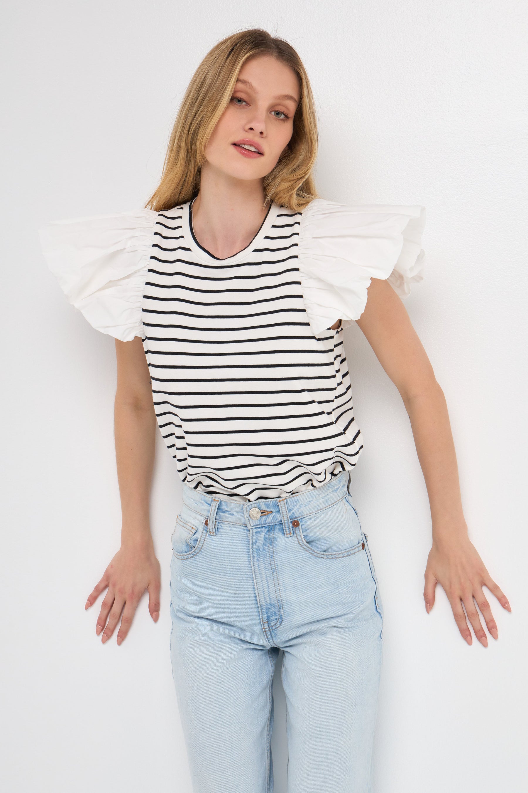ENGLISH FACTORY - Striped Knit with Poplin Puff Sleeve Top - TOPS available at Objectrare