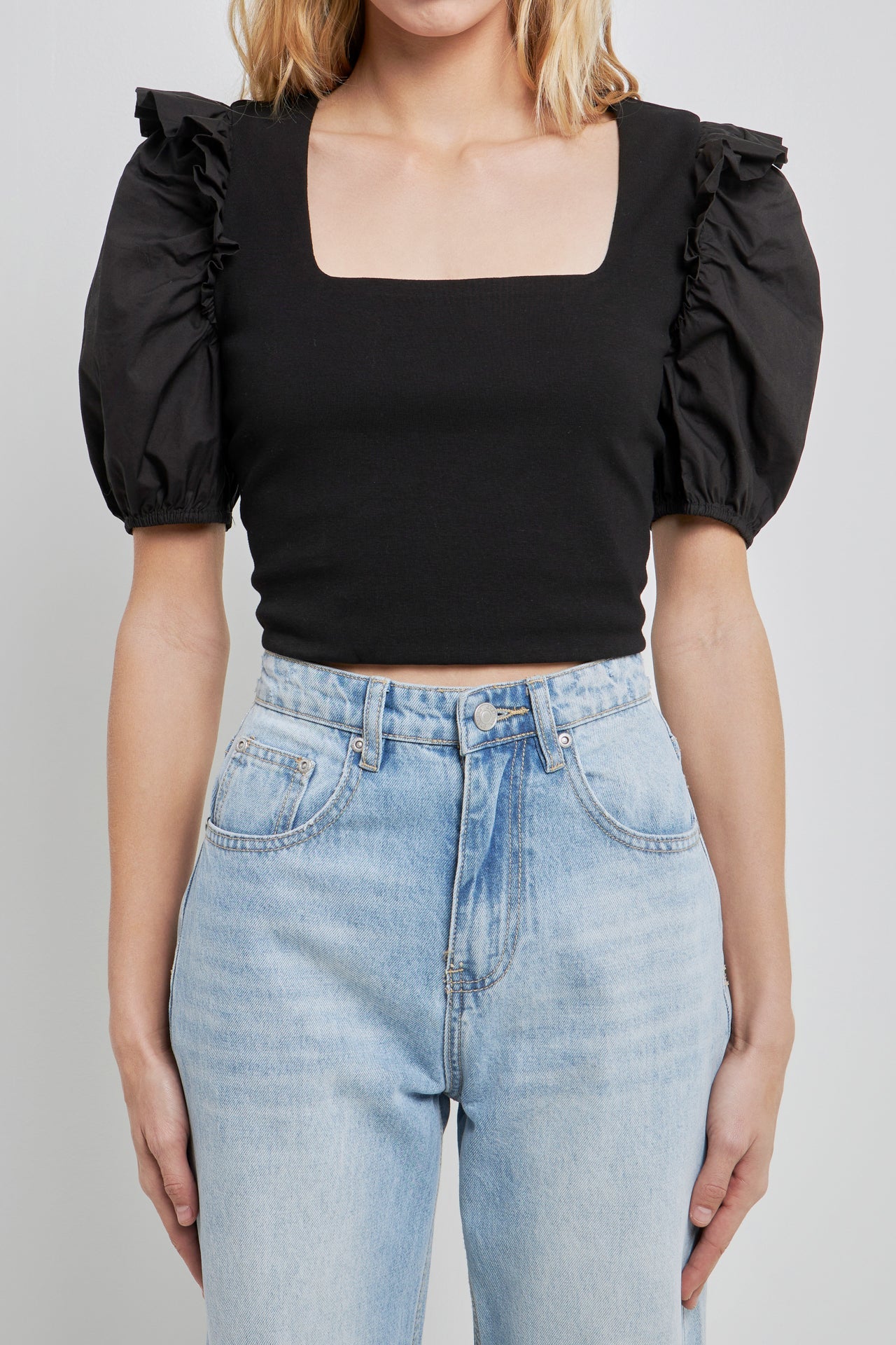ENGLISH FACTORY - Mixed Media Puff Sleeve Knit Top - TOPS available at Objectrare