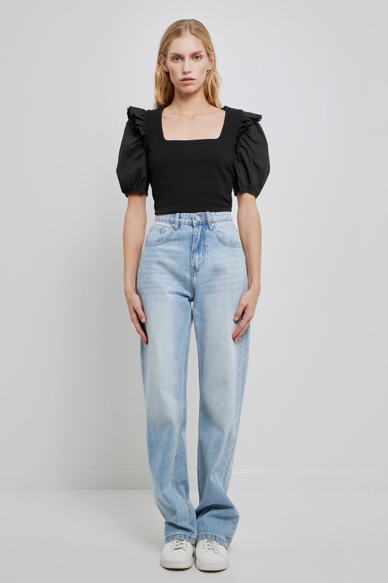 ENGLISH FACTORY - Mixed Media Puff Sleeve Knit Top - TOPS available at Objectrare