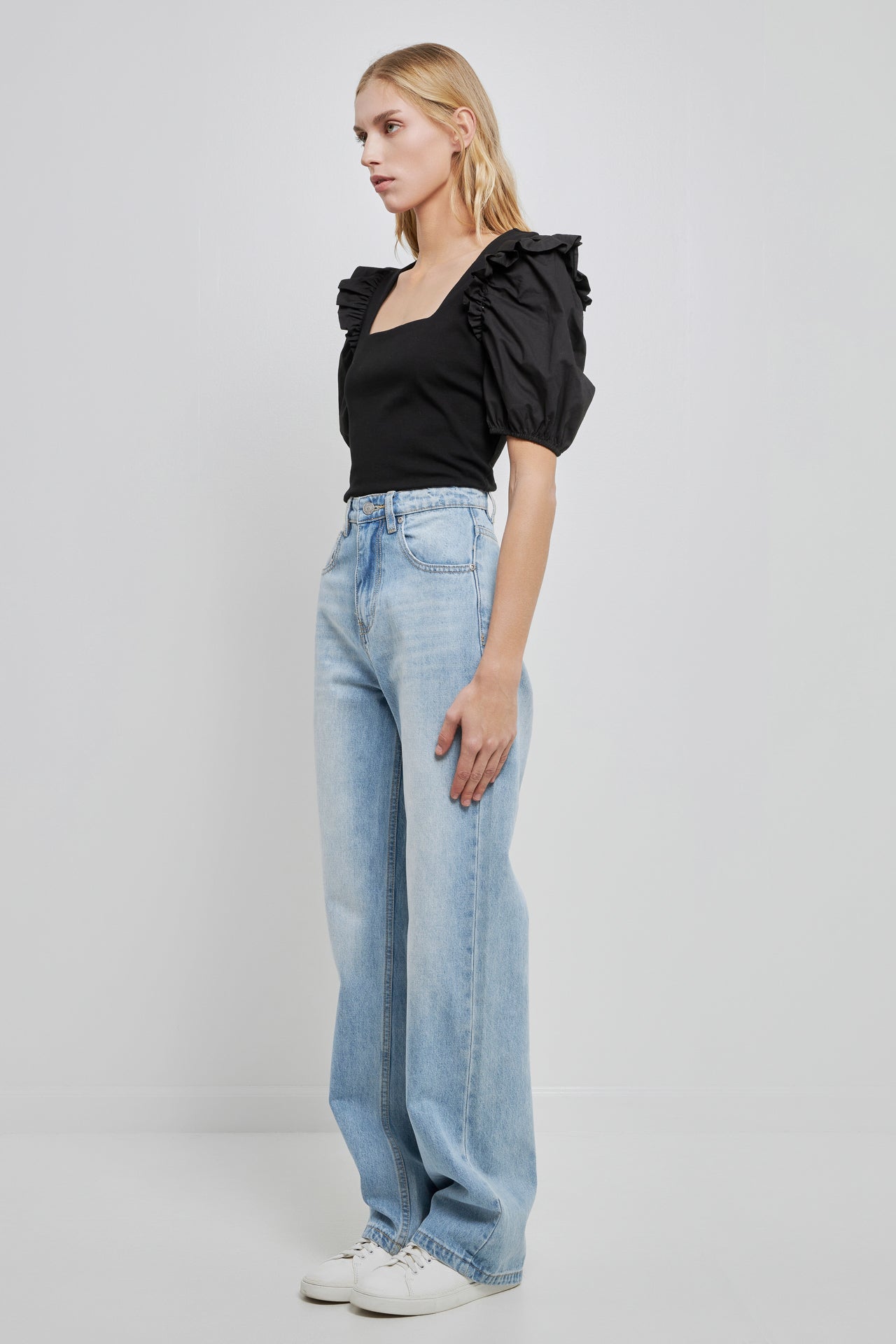 ENGLISH FACTORY - Mixed Media Puff Sleeve Knit Top - TOPS available at Objectrare