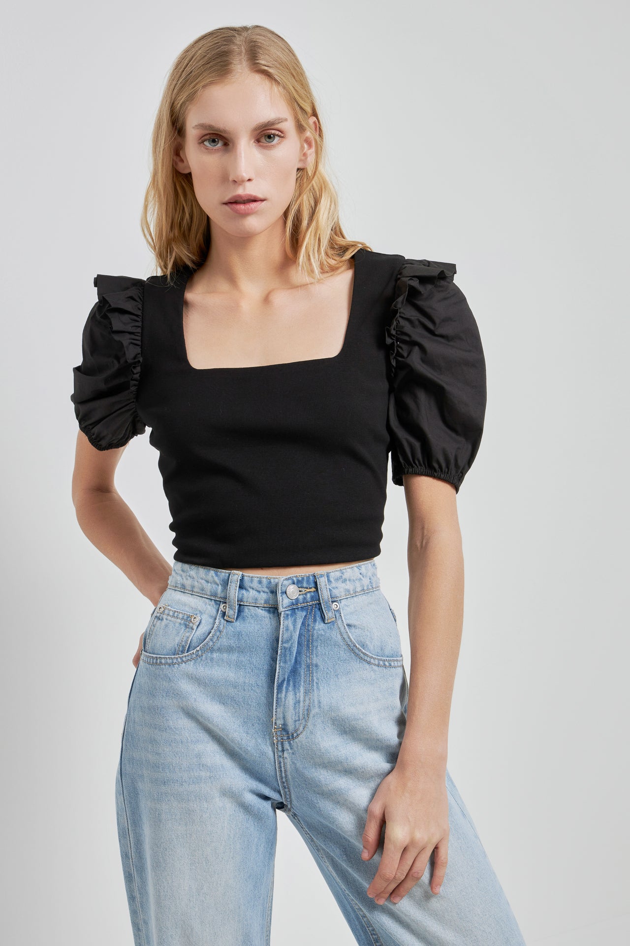 ENGLISH FACTORY - Mixed Media Puff Sleeve Knit Top - TOPS available at Objectrare