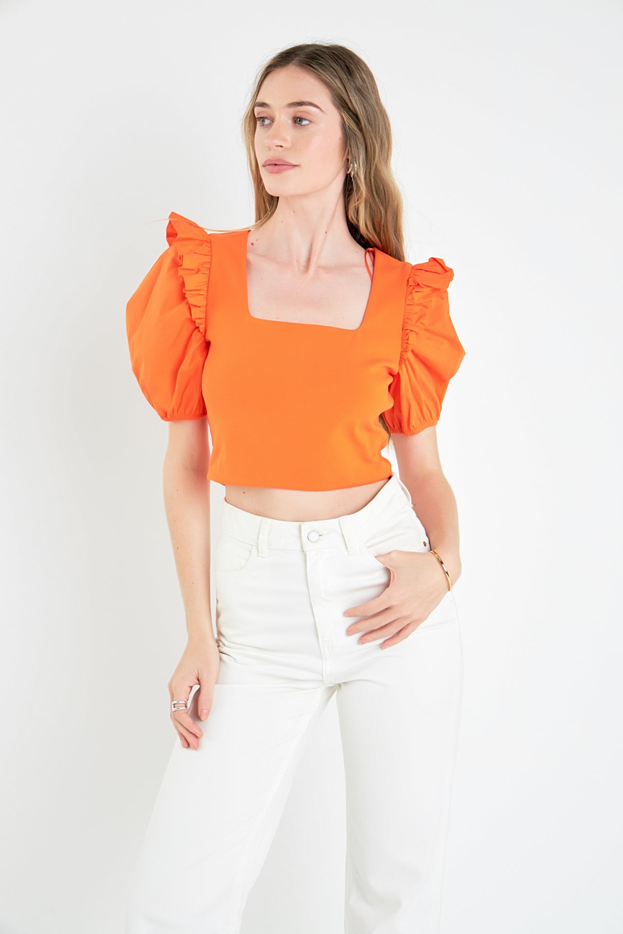 ENGLISH FACTORY - Mixed Media Puff Sleeve Knit Top - TOPS available at Objectrare