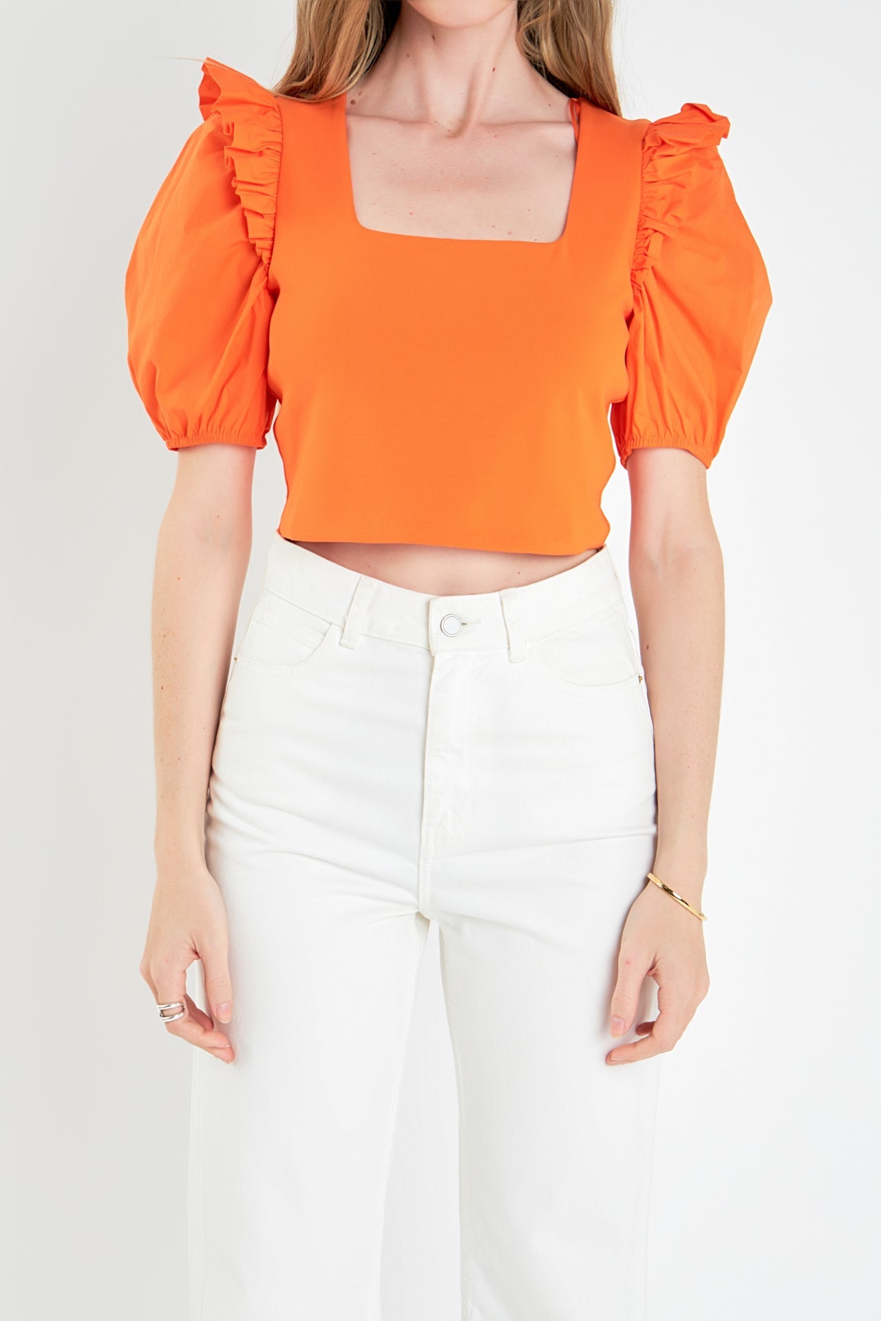 ENGLISH FACTORY - Mixed Media Puff Sleeve Knit Top - TOPS available at Objectrare