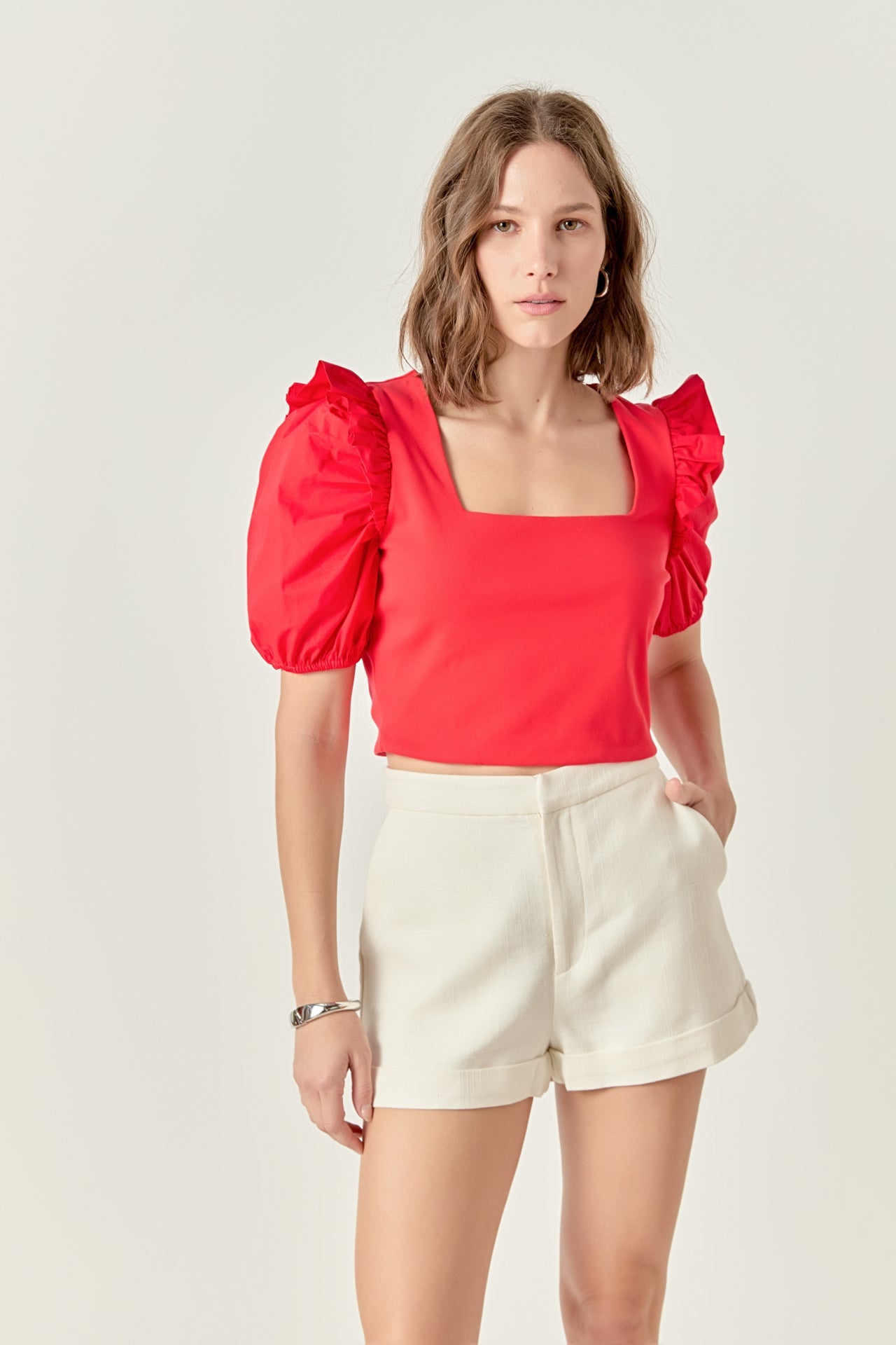 ENGLISH FACTORY - Mixed Media Puff Sleeve Knit Top - TOPS available at Objectrare