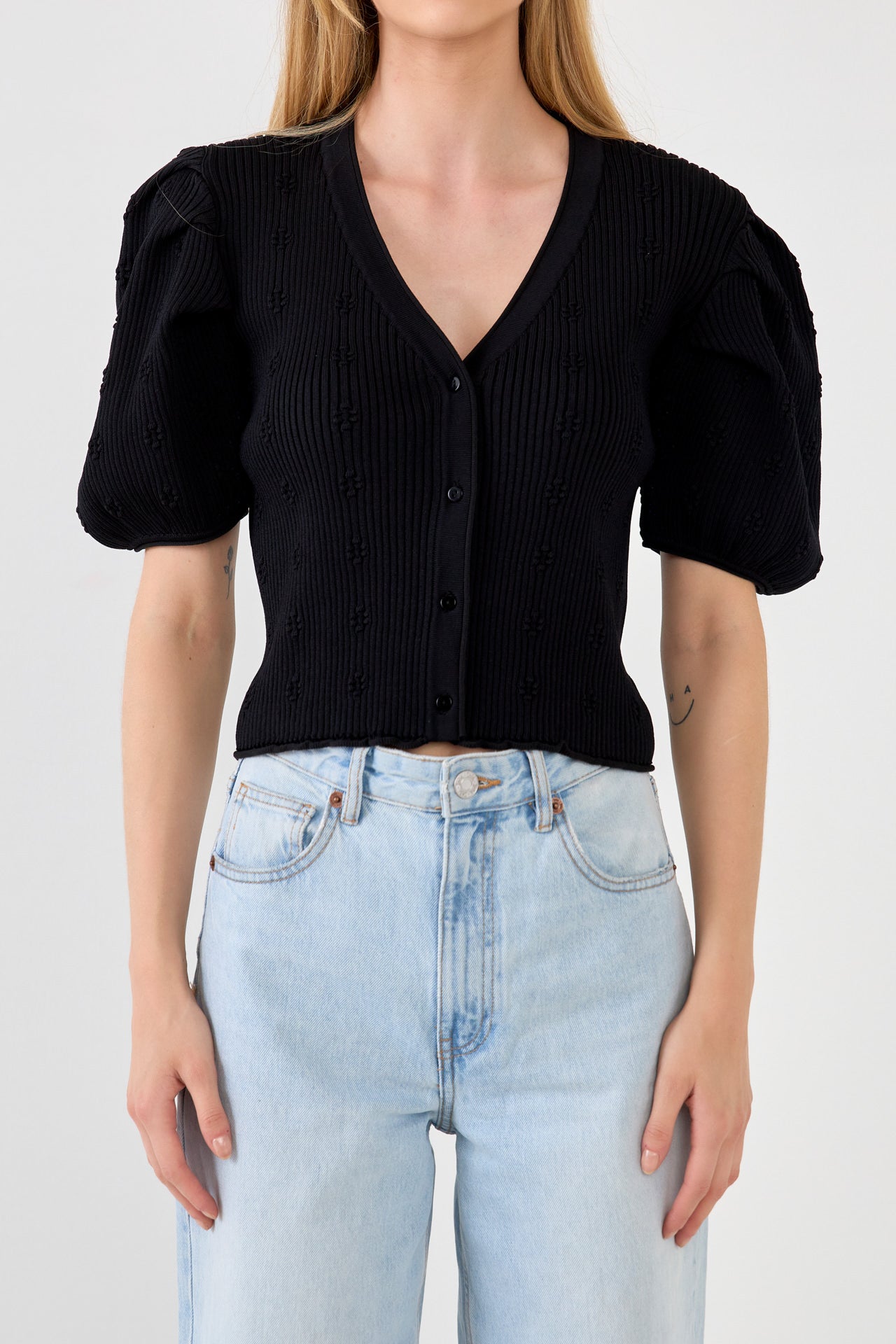 ENDLESS ROSE - Floral Puff Short Sleeve Cardigan - SWEATERS & KNITS available at Objectrare