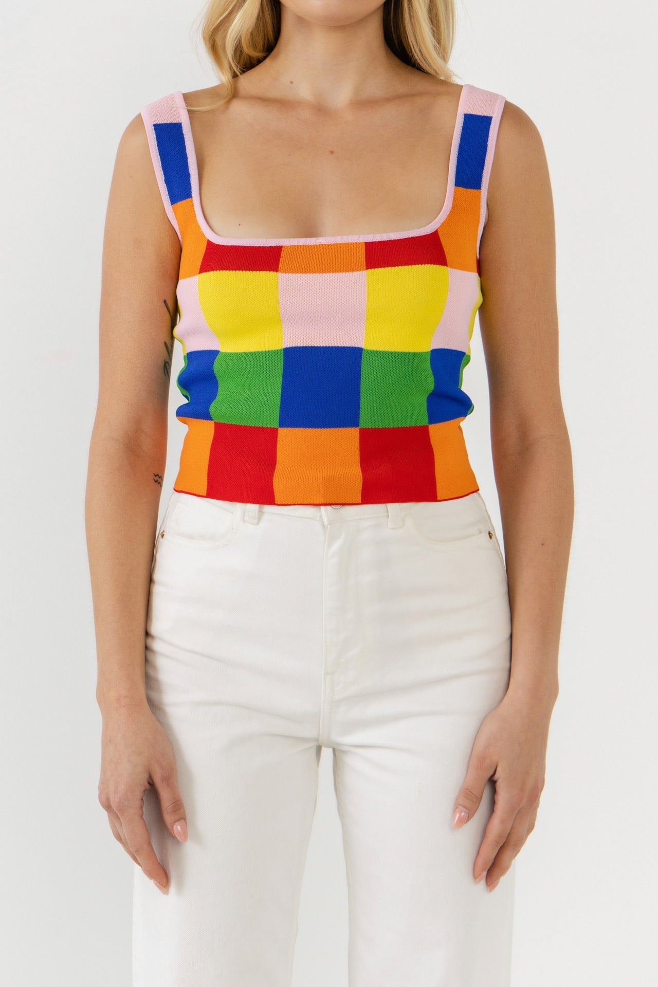ENGLISH FACTORY - Multi Color Gingham Knit Cropped Top - TOPS available at Objectrare