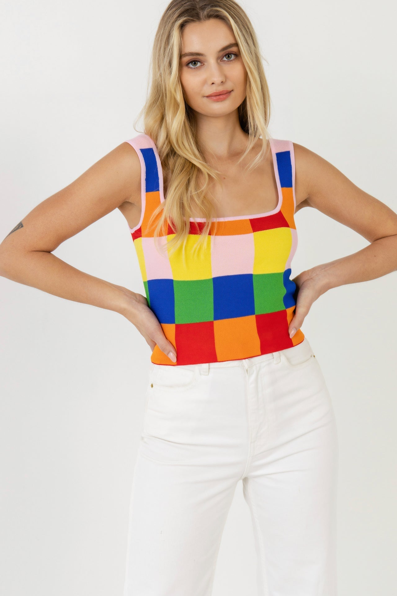 ENGLISH FACTORY - Multi Color Gingham Knit Cropped Top - TOPS available at Objectrare