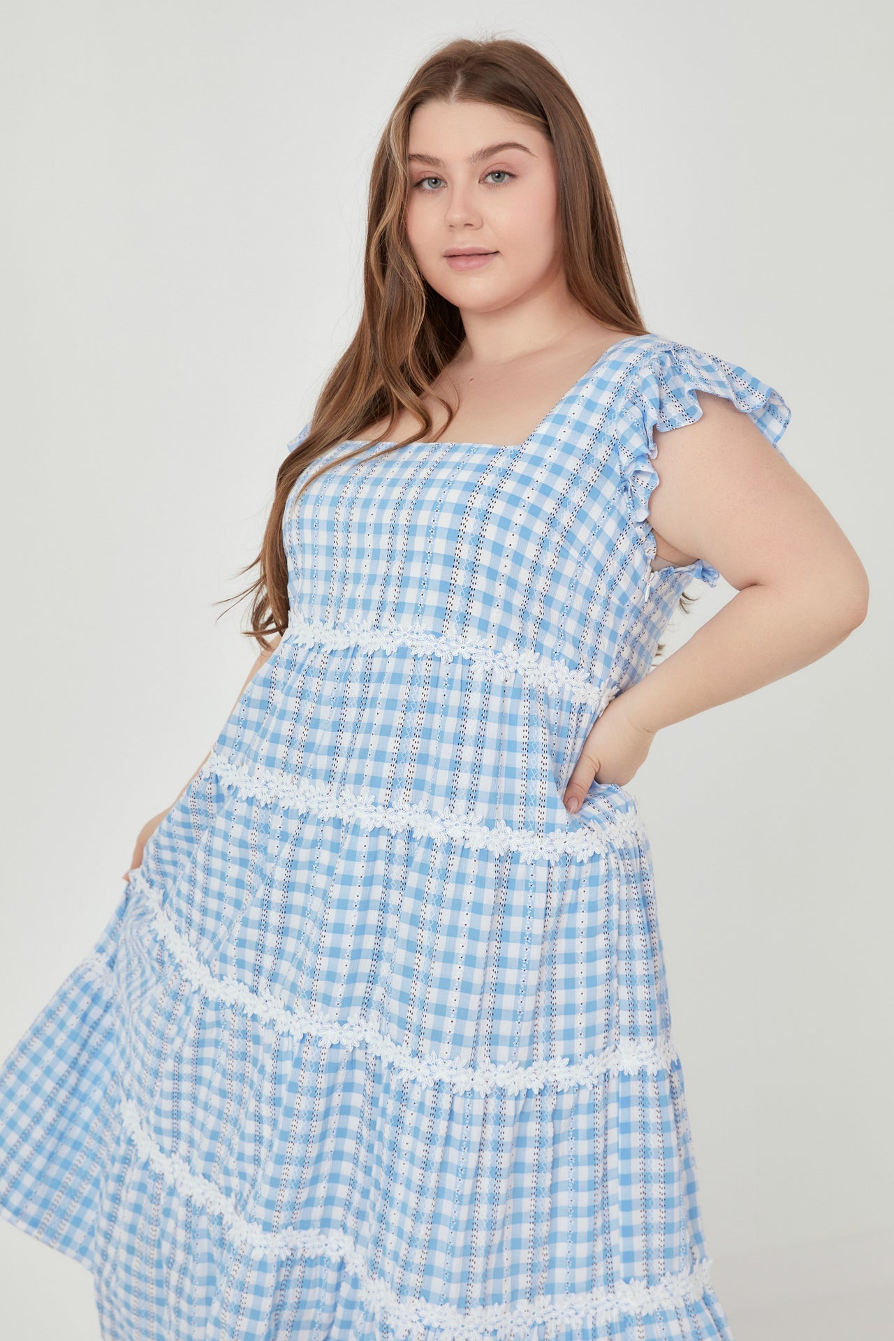 ENGLISH FACTORY - Plus Size Floral Lace Gingham Printed Midi Dress - DRESSES available at Objectrare