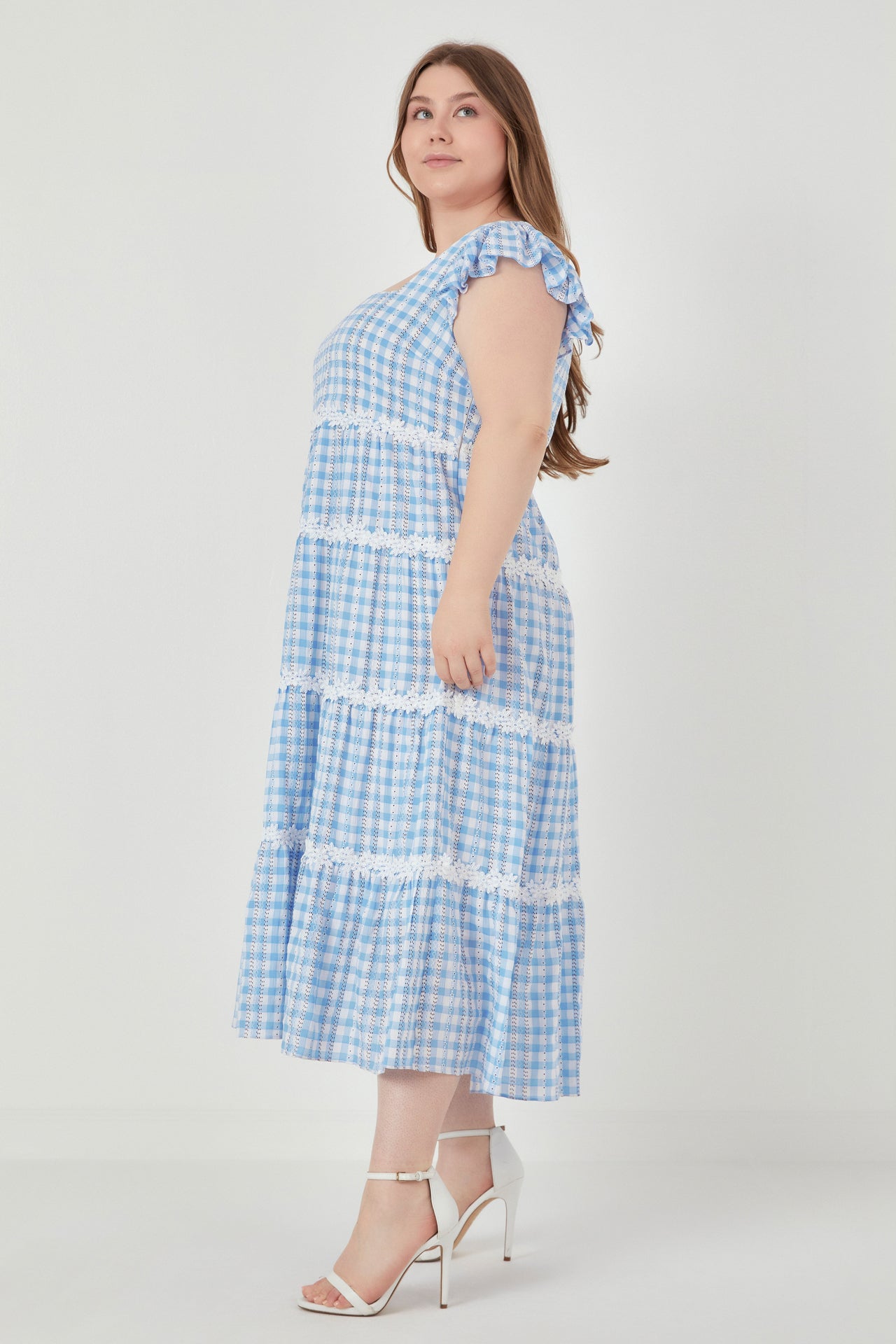 ENGLISH FACTORY - Plus Size Floral Lace Gingham Printed Midi Dress - DRESSES available at Objectrare