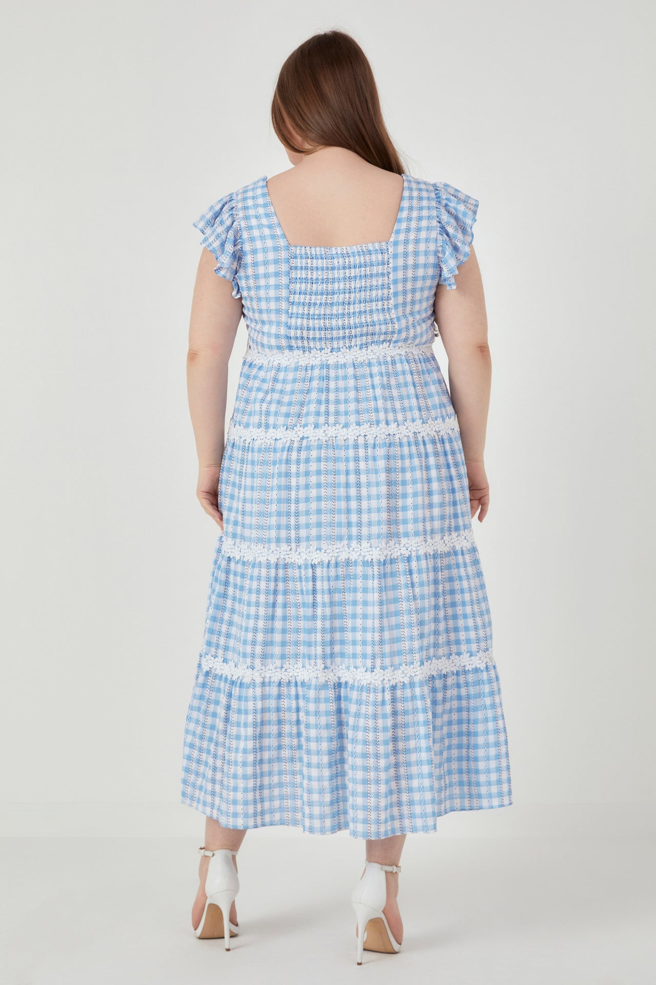 ENGLISH FACTORY - Plus Size Floral Lace Gingham Printed Midi Dress - DRESSES available at Objectrare