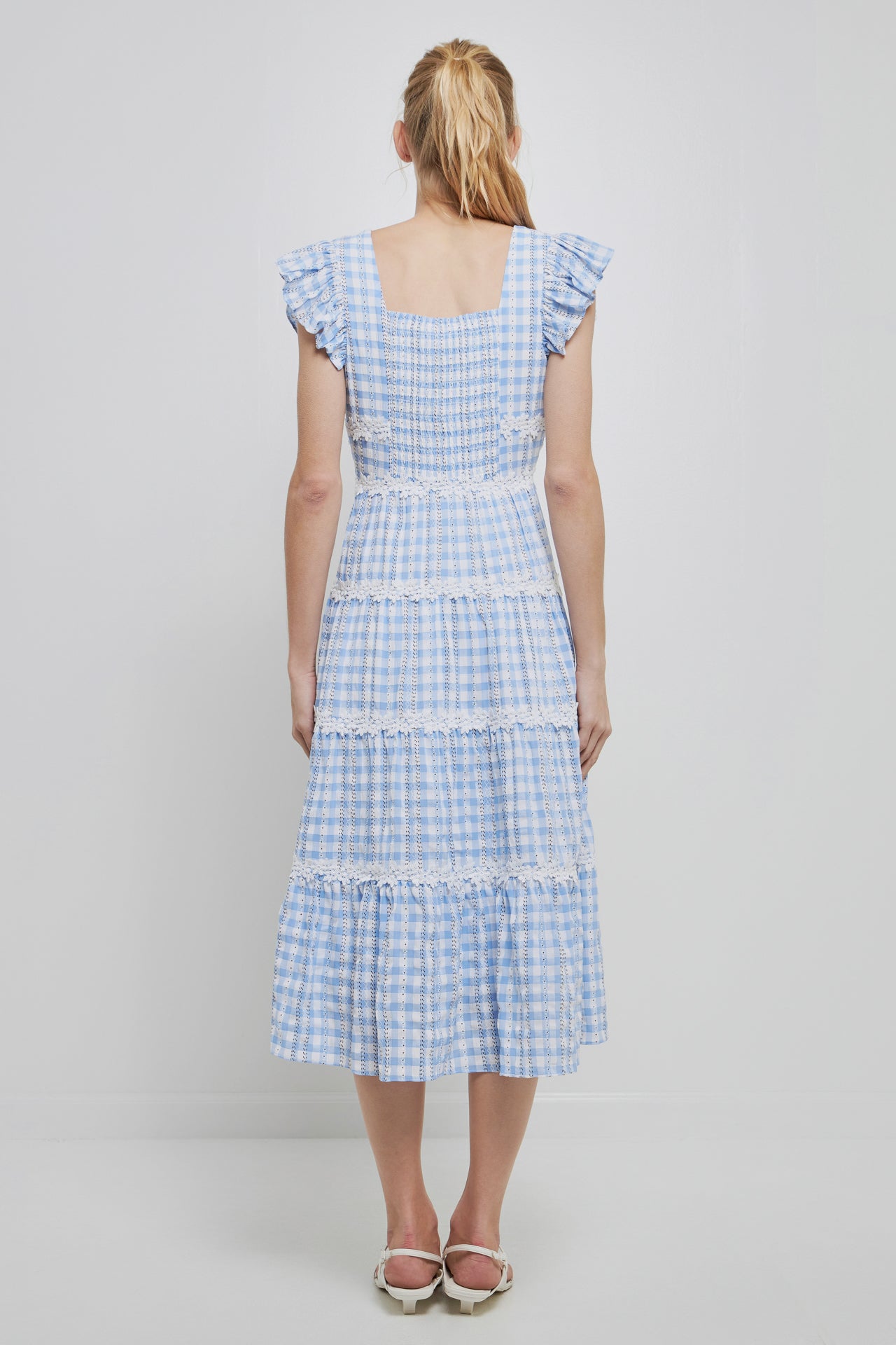 ENGLISH FACTORY - Floral Lace Gingham Printed Midi Dress - DRESSES available at Objectrare